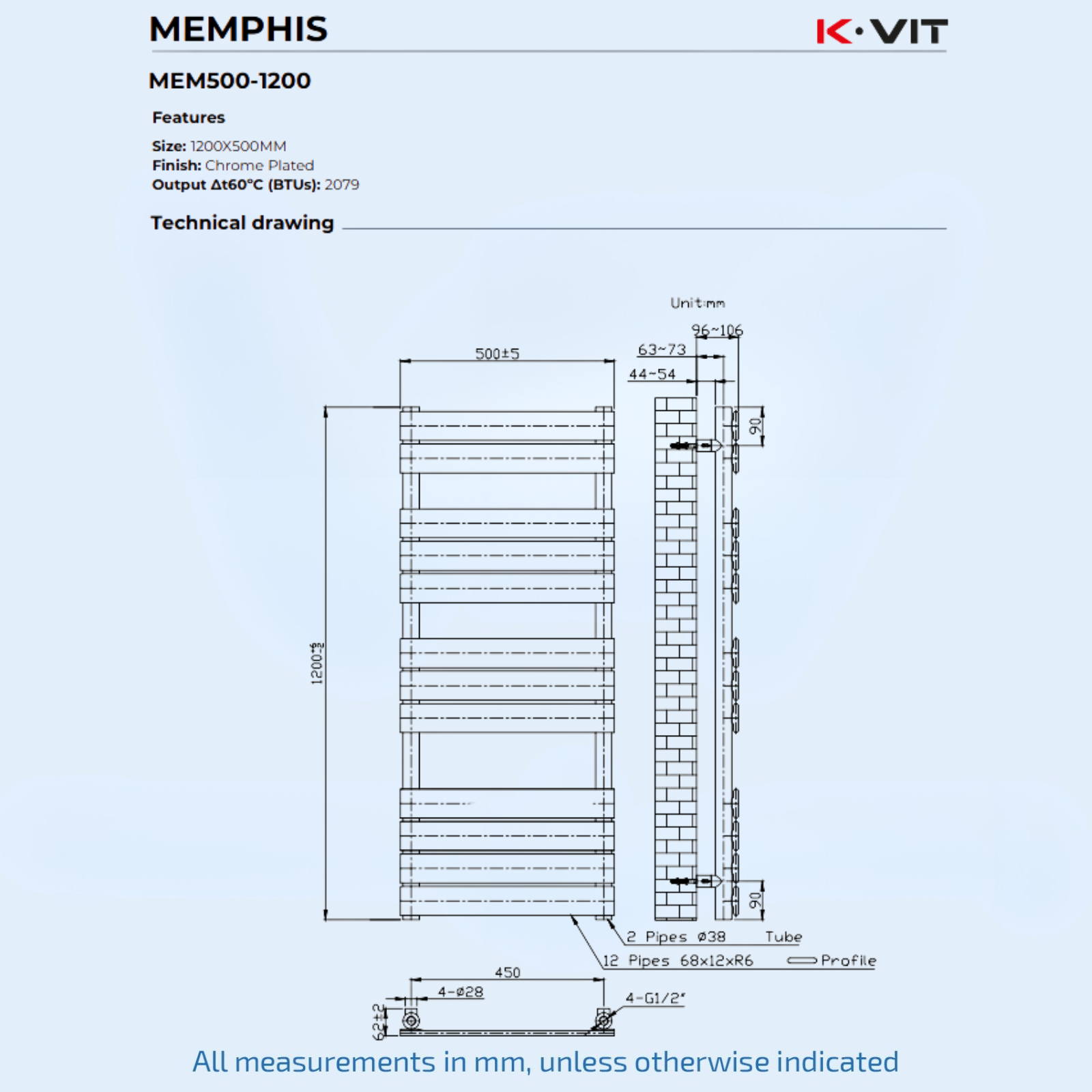 Kartell Memphis 1200mm H x 500mm W Chrome Vertical Designer Towel Rail - MEM500-1200