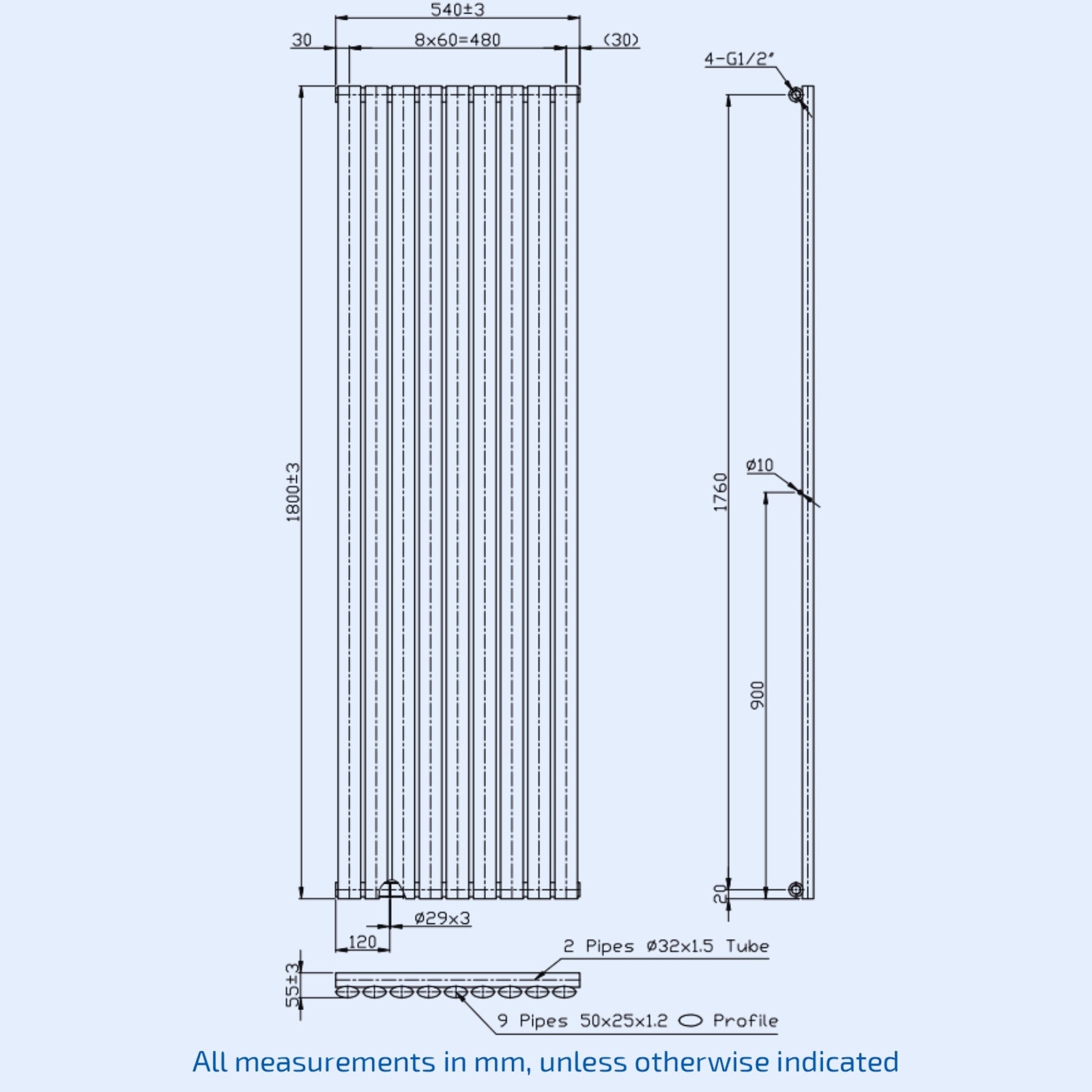 Kartell Aspen 1800mm H x 540mm W Textured Grey Vertical Single Designer Radiator - ASP18-55VSA