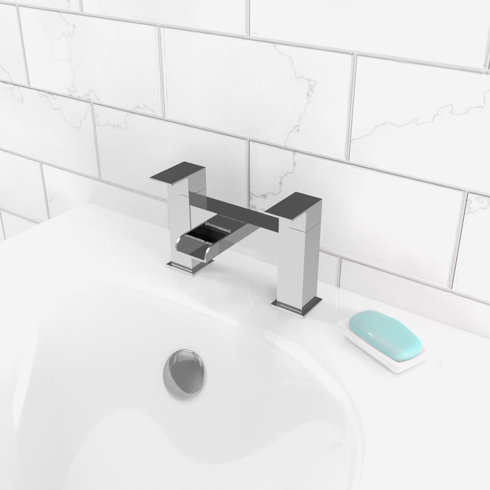 Ozone Contemporary Waterfall Basin Mono Mixer Tap & Deck Mounted Bath Filler Tap