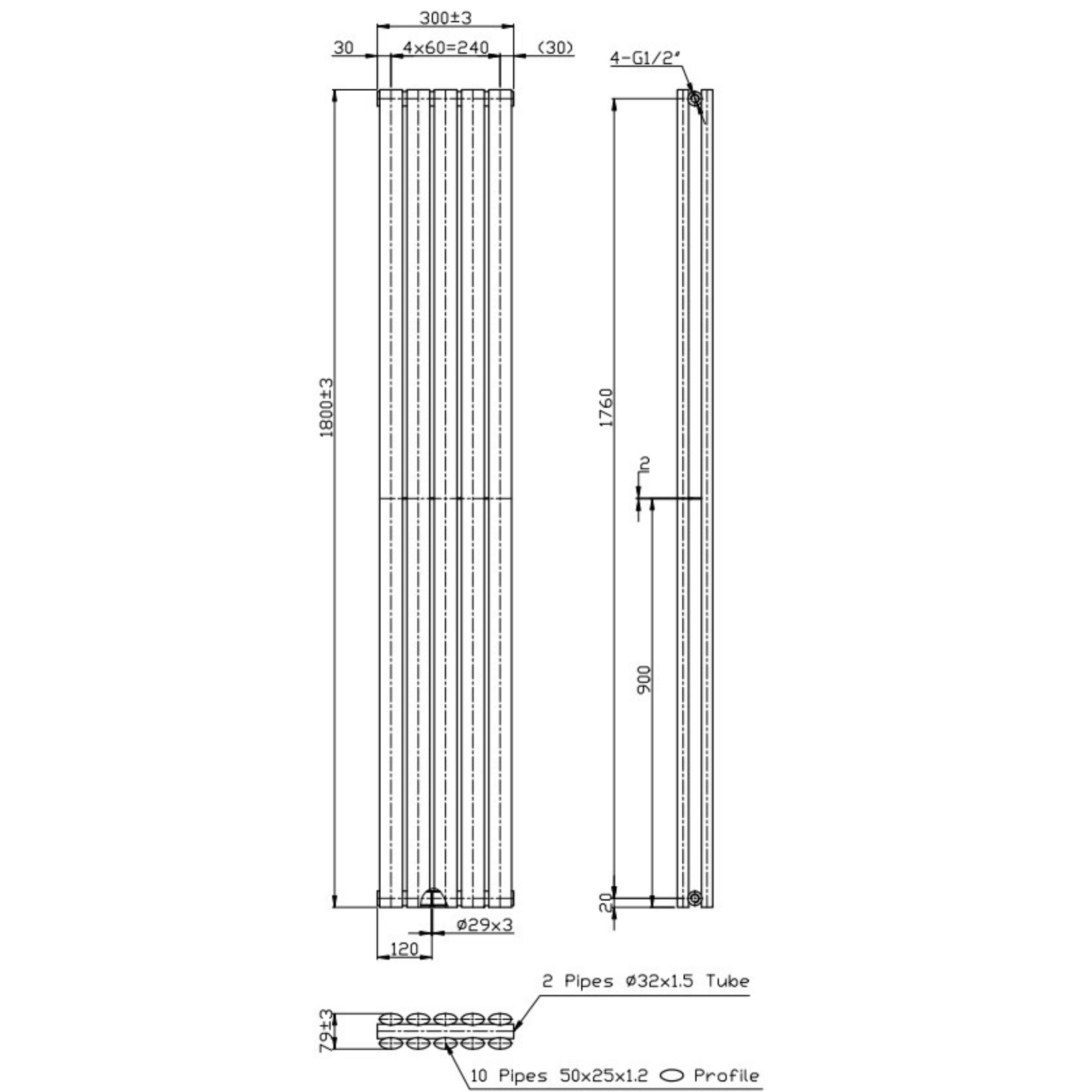 Technical drawing of a vertical radiator with dimensions and pipe details.