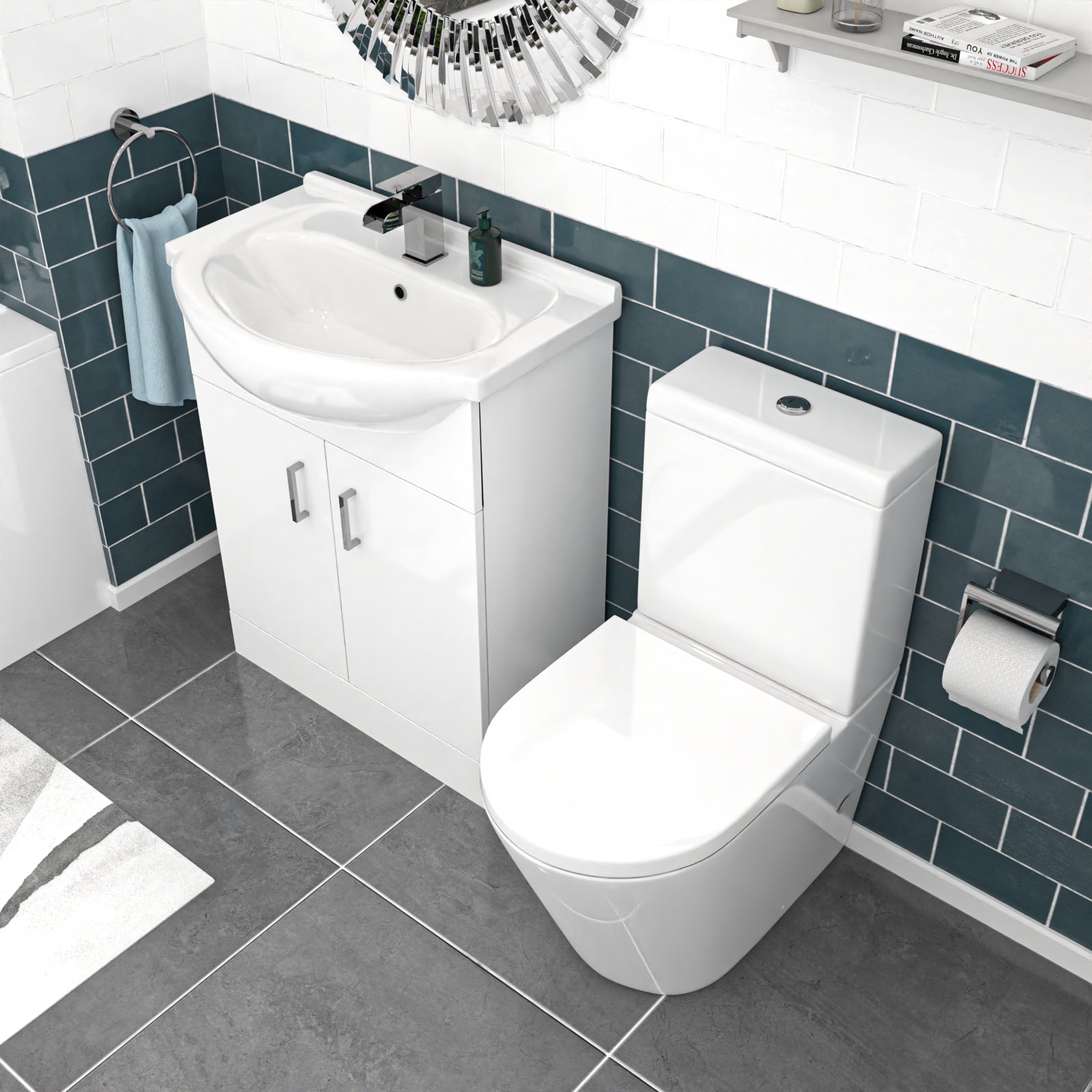 Bathroom setup with white toilet and sink