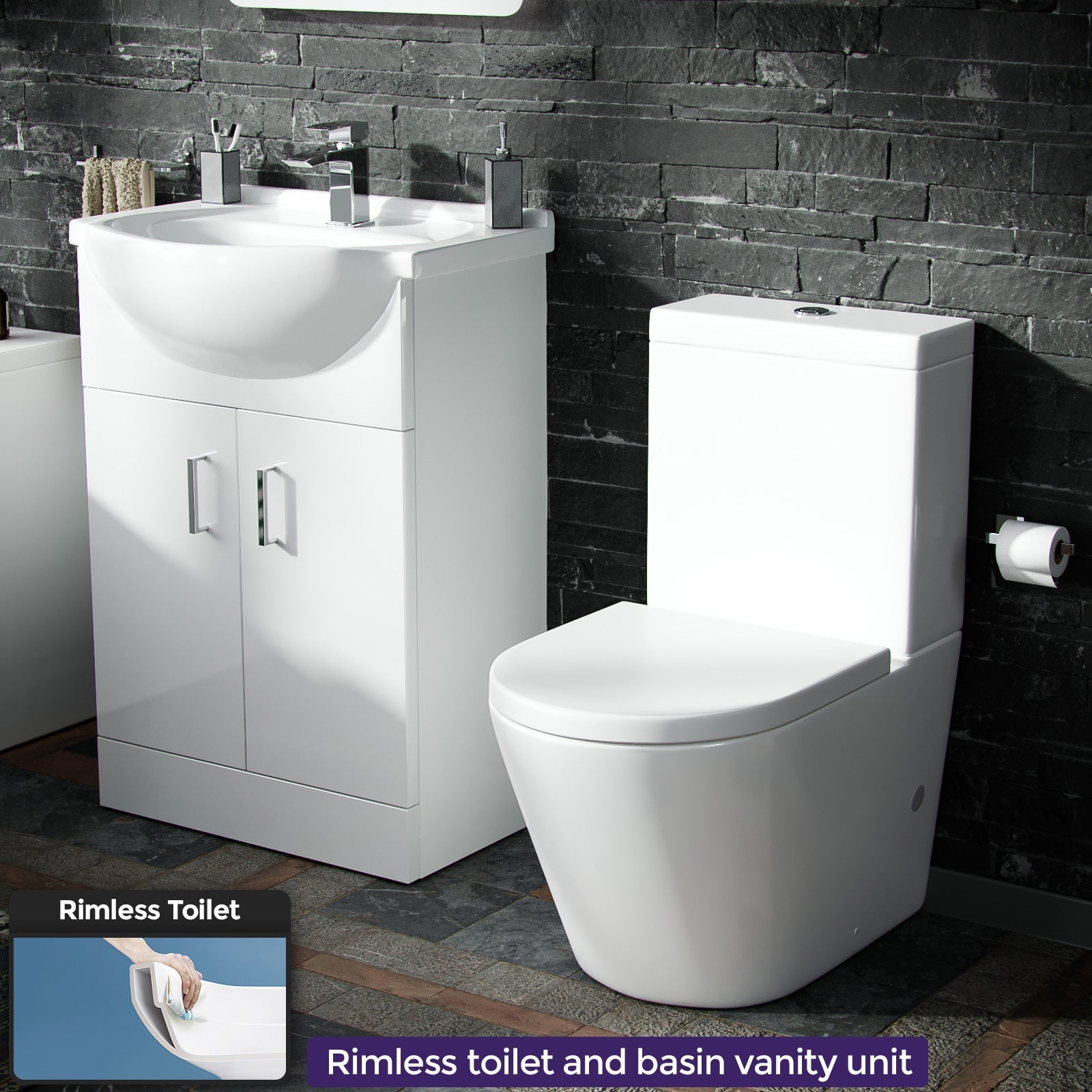 Ellen 550mm Floor Standing Flat Pack Vanity Basin Unit & Close Coupled WC Toilet White