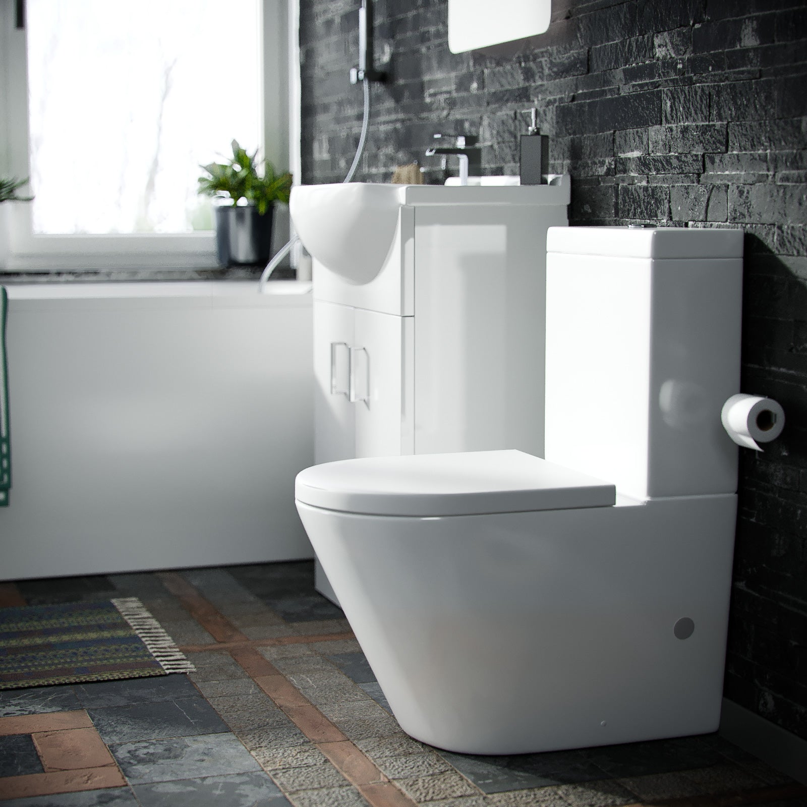 Ellen 1700mm Bath, 550mm Vanity Basin Unit, Rimless Close Coupled Toilet, Mono Mixer, Bath Mixer & Wastes White