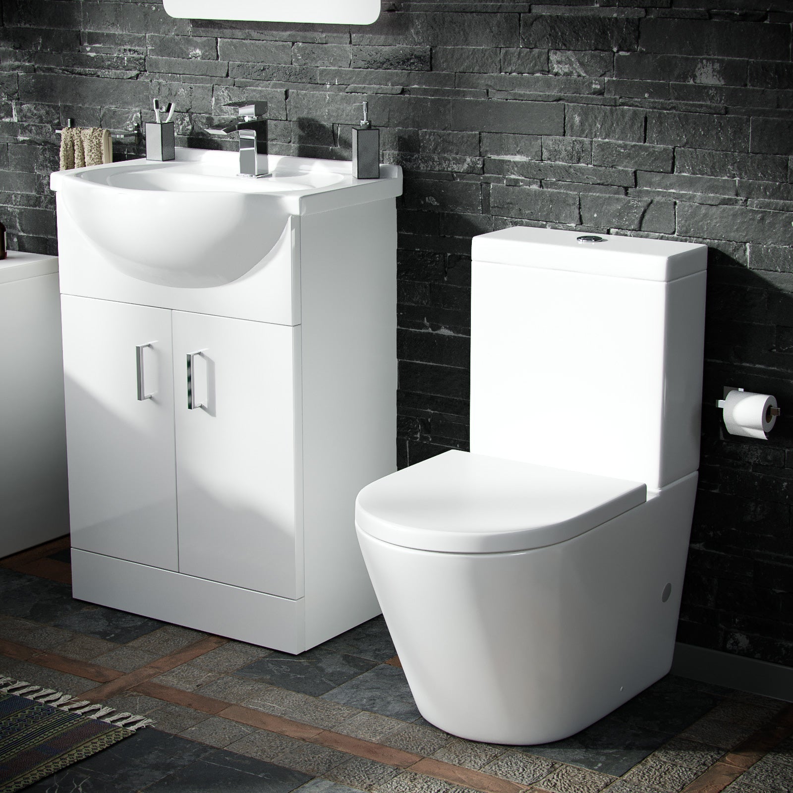 Ellen 550mm Basin Vanity Unit, Close Coupled WC Toilet with Straight Edge Bathroom Suite