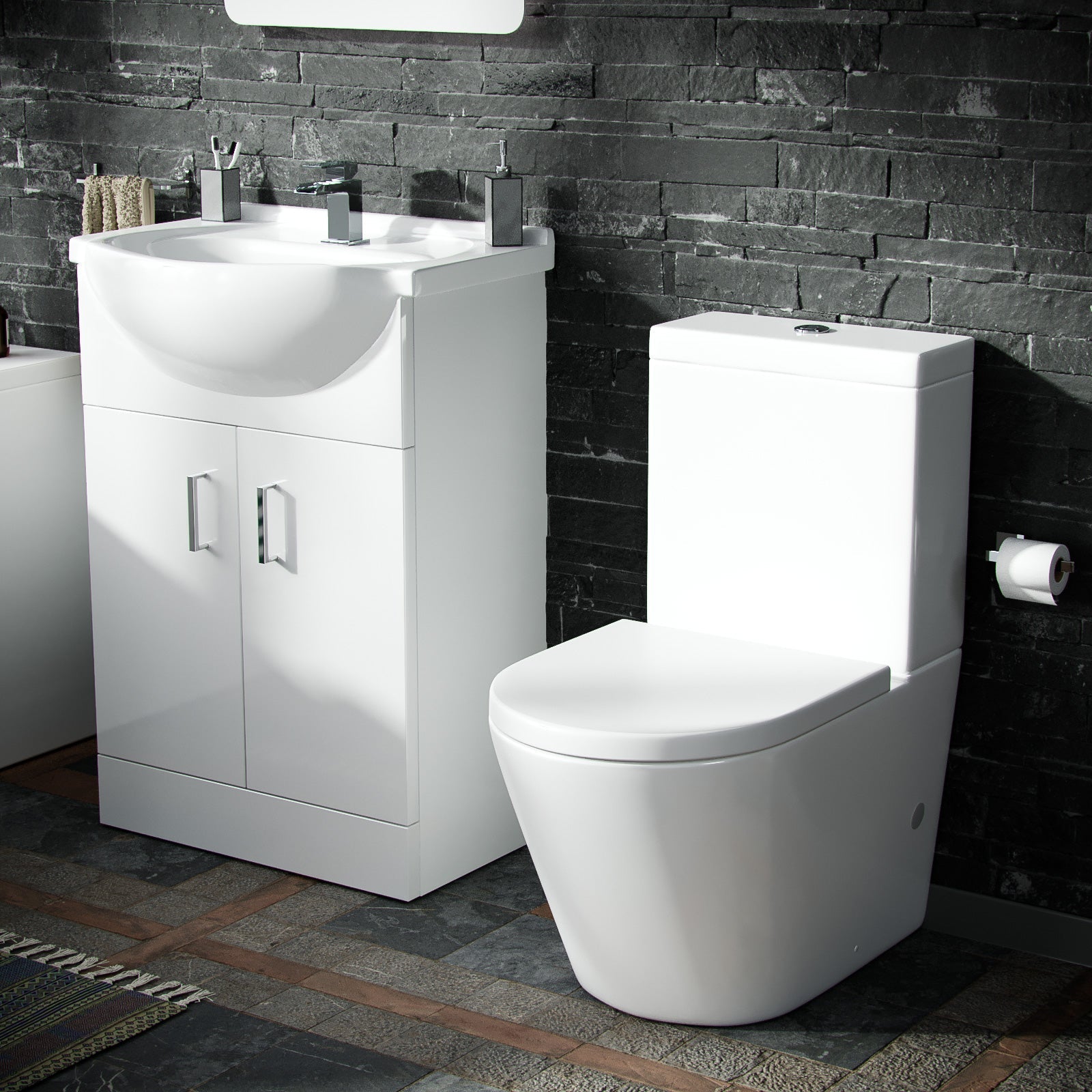 Ellen 1700mm Bath, 550mm Vanity Basin Unit, Rimless Close Coupled Toilet, Mono Mixer, Bath Mixer & Wastes White