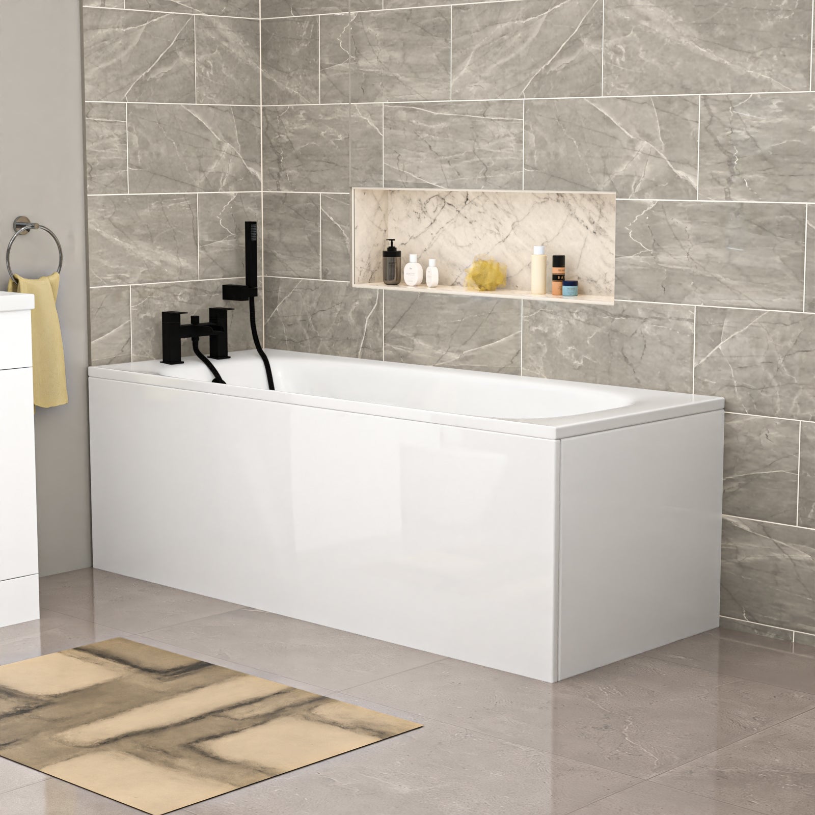 Modern bathroom with a white bathtub against gray tiled walls.