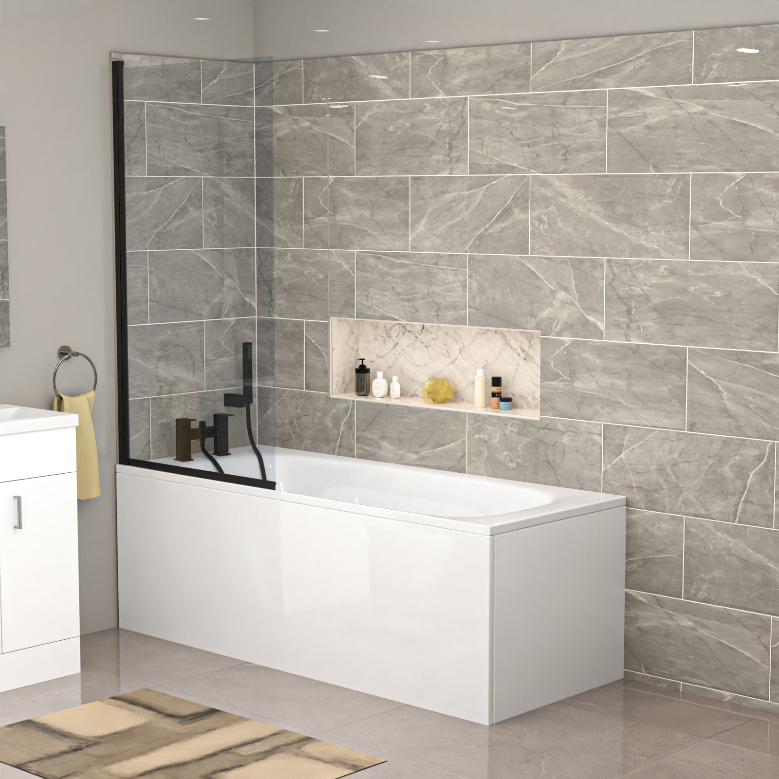 Modern bathroom with a white bathtub against a gray tiled wall.