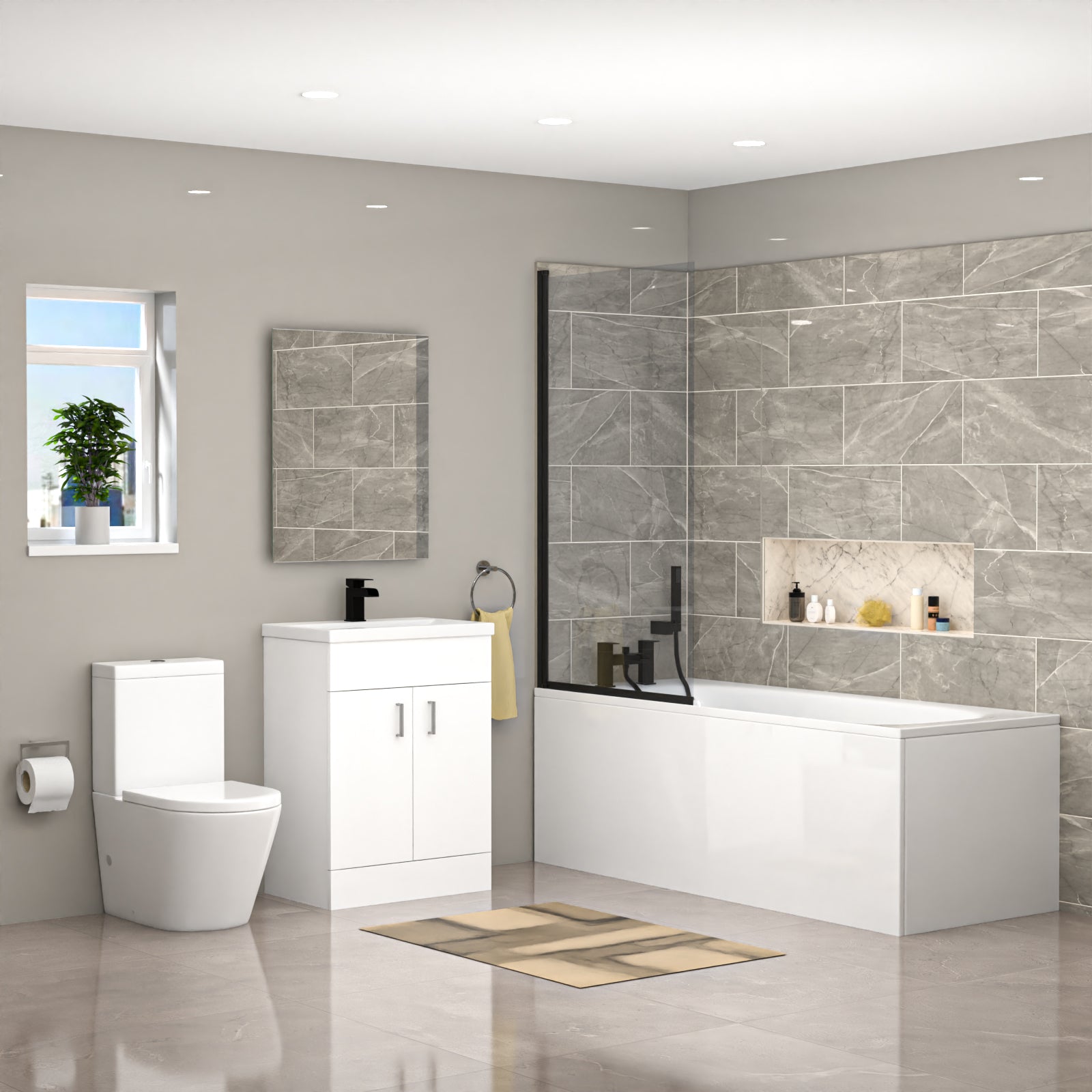 Modern bathroom with white toilet, sink, and bathtub against a gray tiled wall.