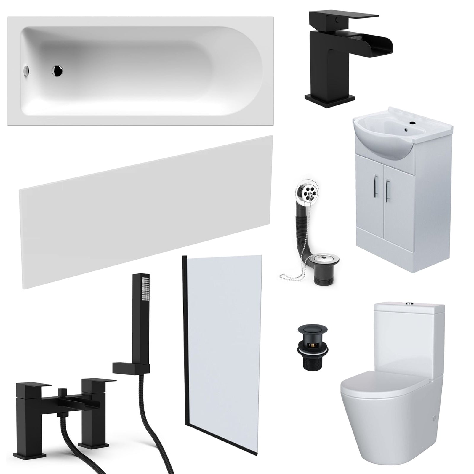 Collection of bathroom fixtures including a bathtub, sink, toilet, and shower system on a white background.