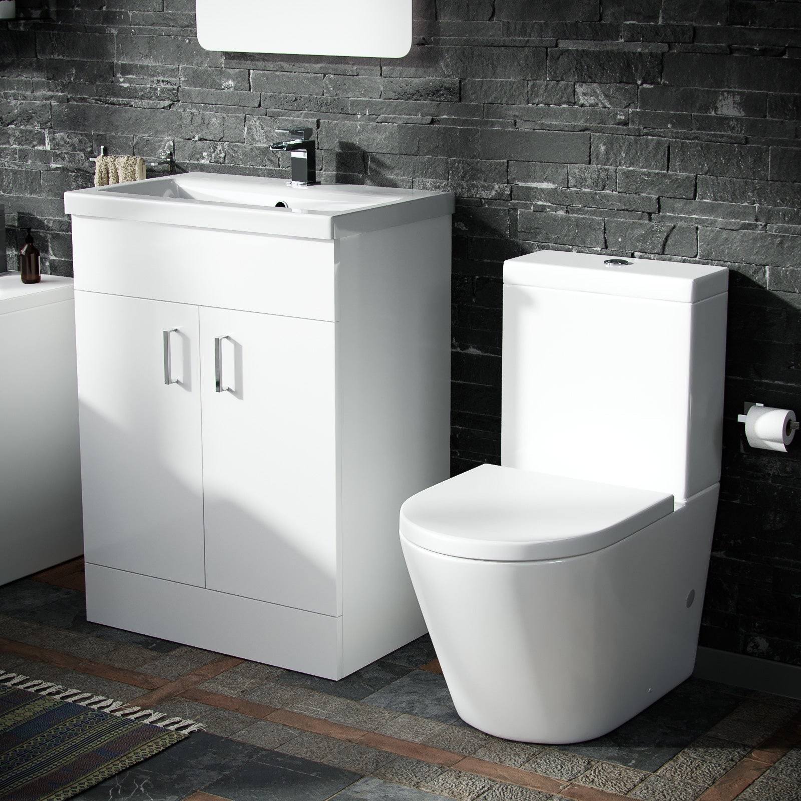 Nanuya Basin Vanity Unit & Close Coupled WC Toilet with Straight Edge Bath Bathroom Suite