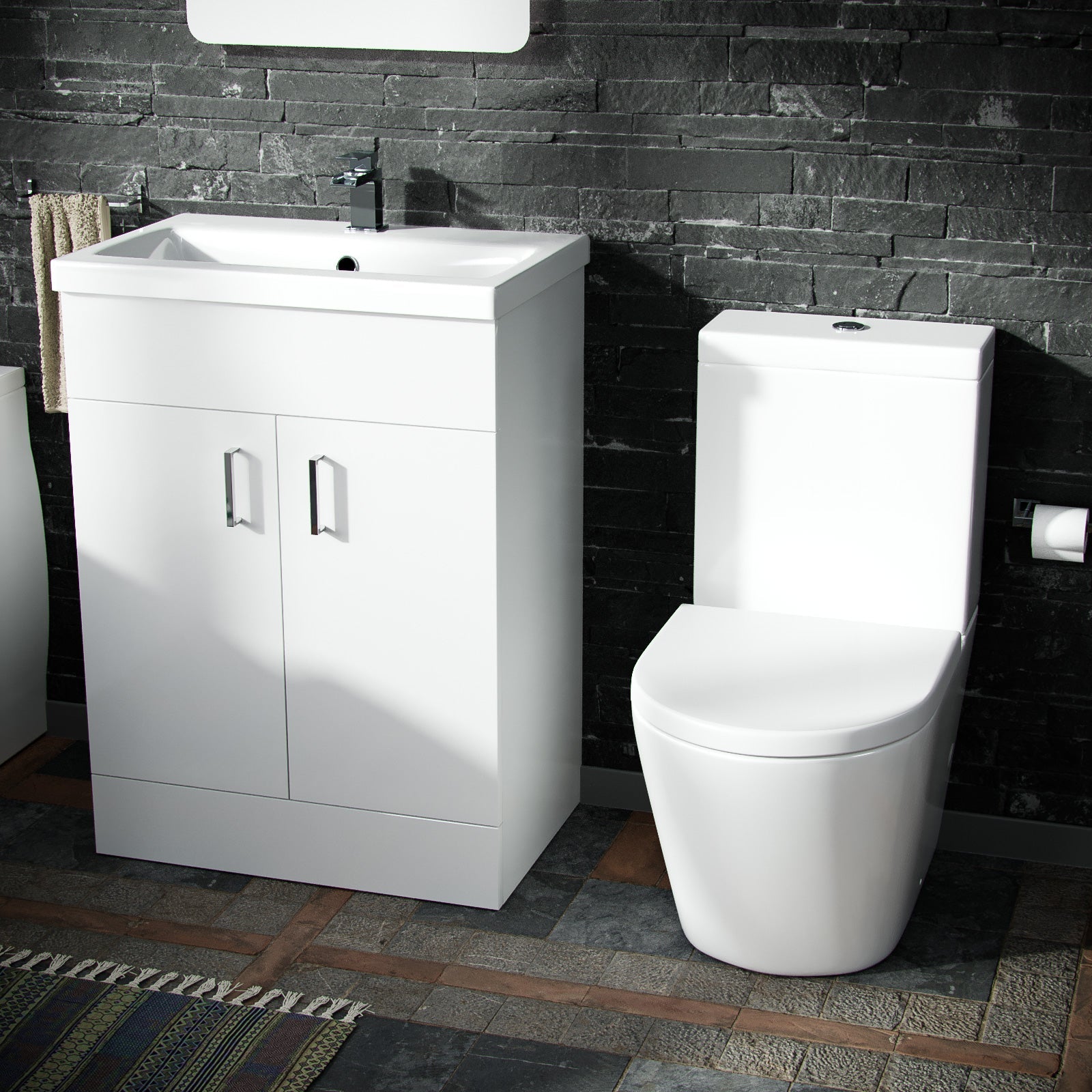 Nanuya Basin Vanity Unit & Close Coupled WC Toilet with Straight Edge Bath Bathroom Suite