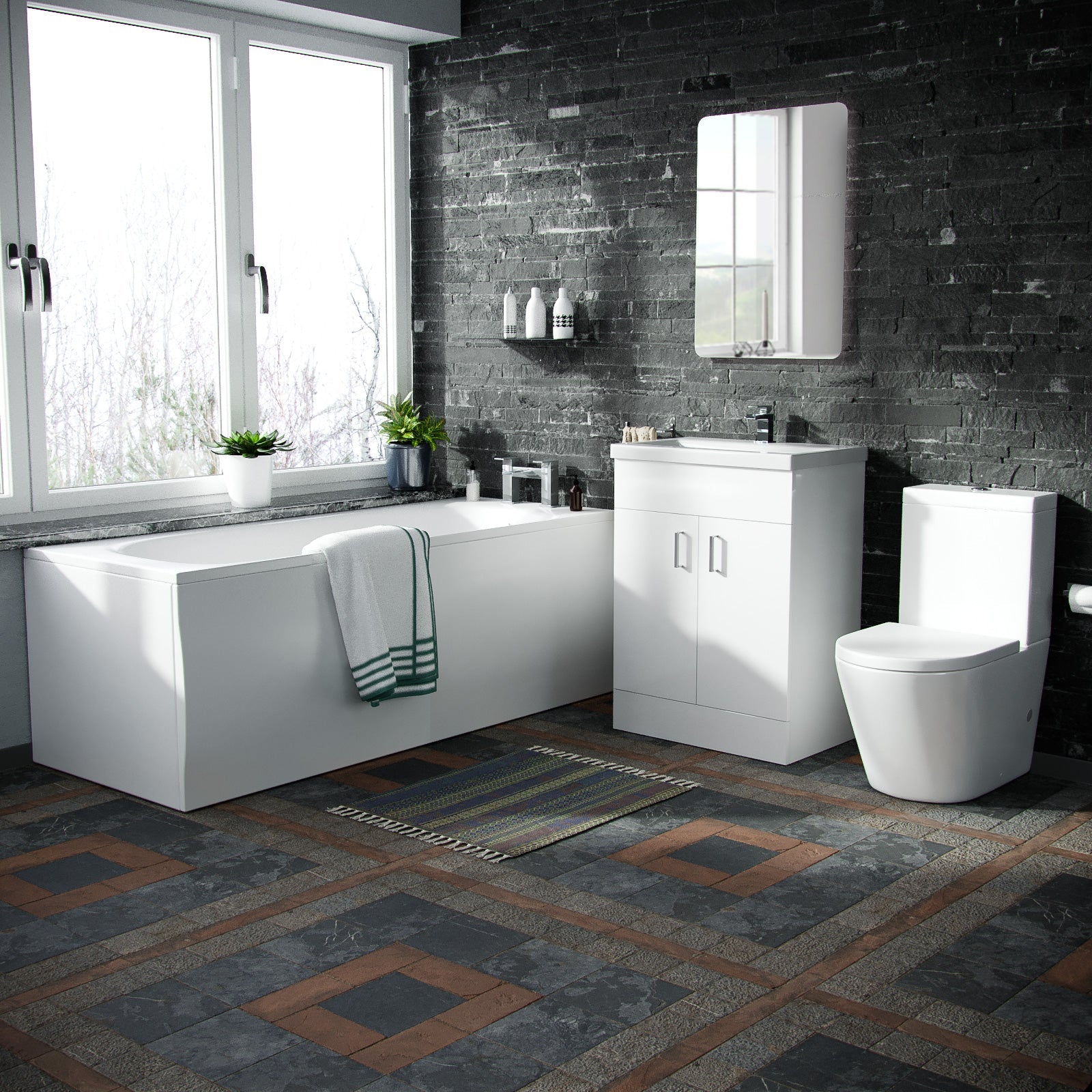 Nanuya Basin Vanity Unit & Close Coupled WC Toilet with Straight Edge Bath Bathroom Suite