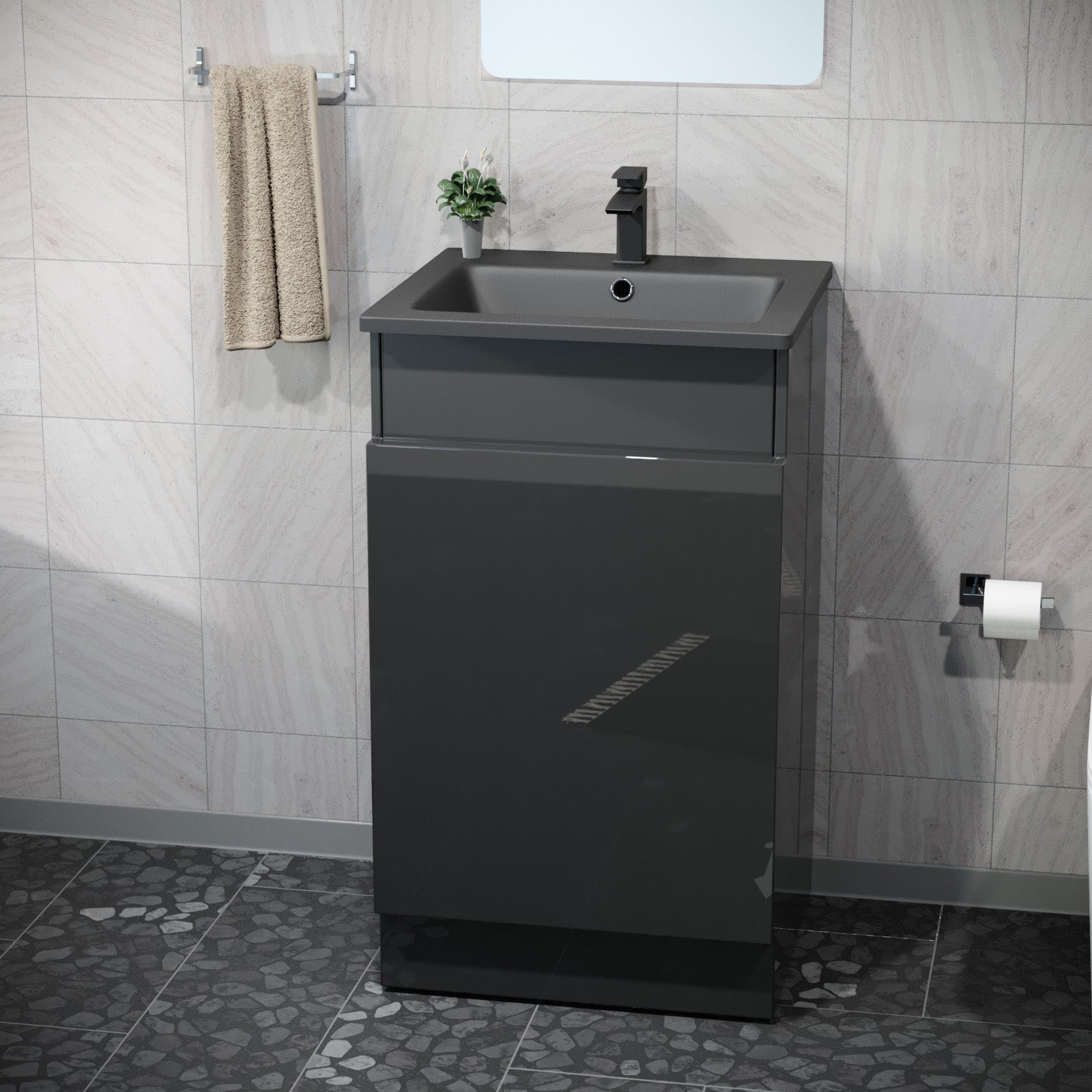 Aston 485mm Left Hand Dark Oak Vanity Unit with Black Resin Basin