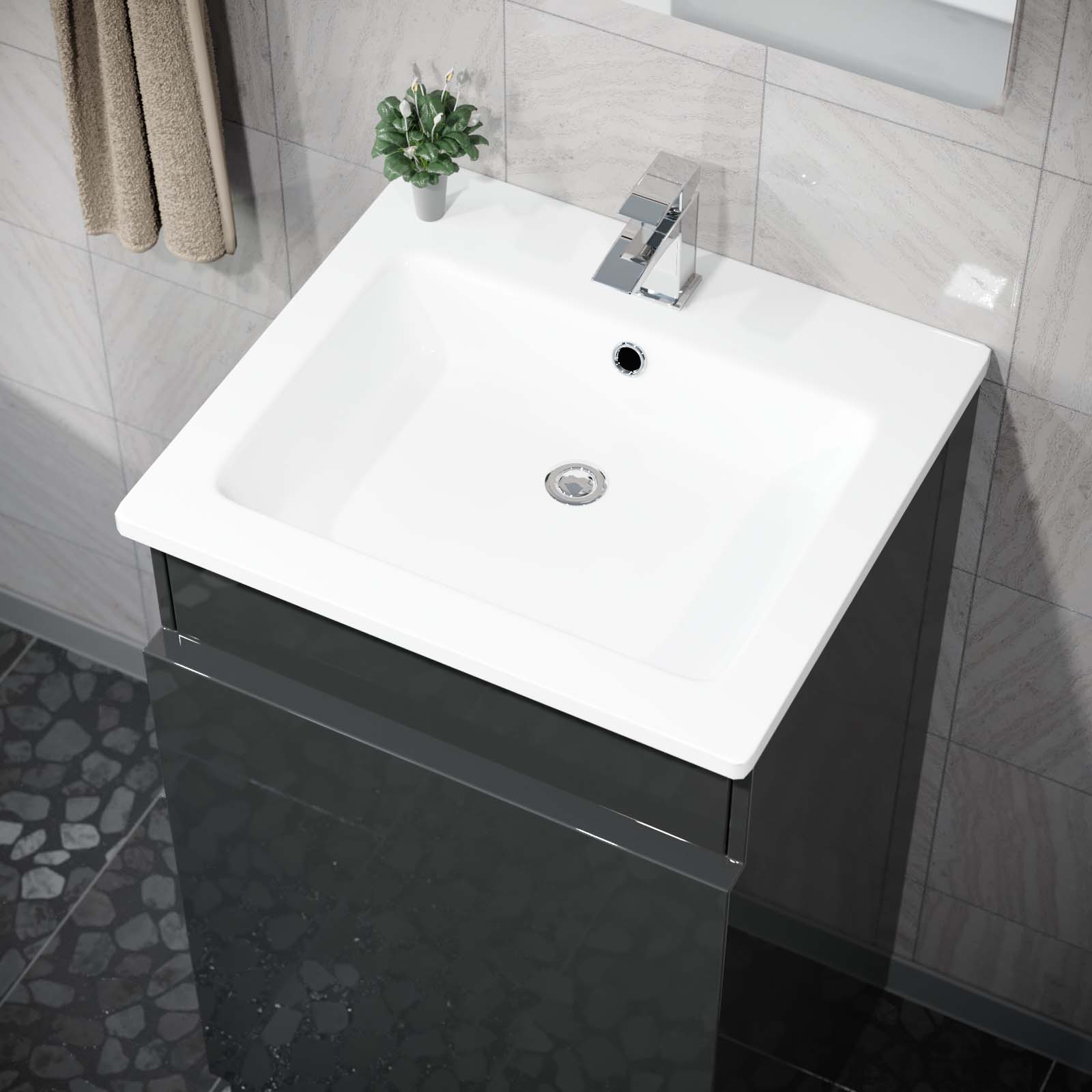 Aston 485mm Left Hand Black Vanity Unit with White Resin Basin
