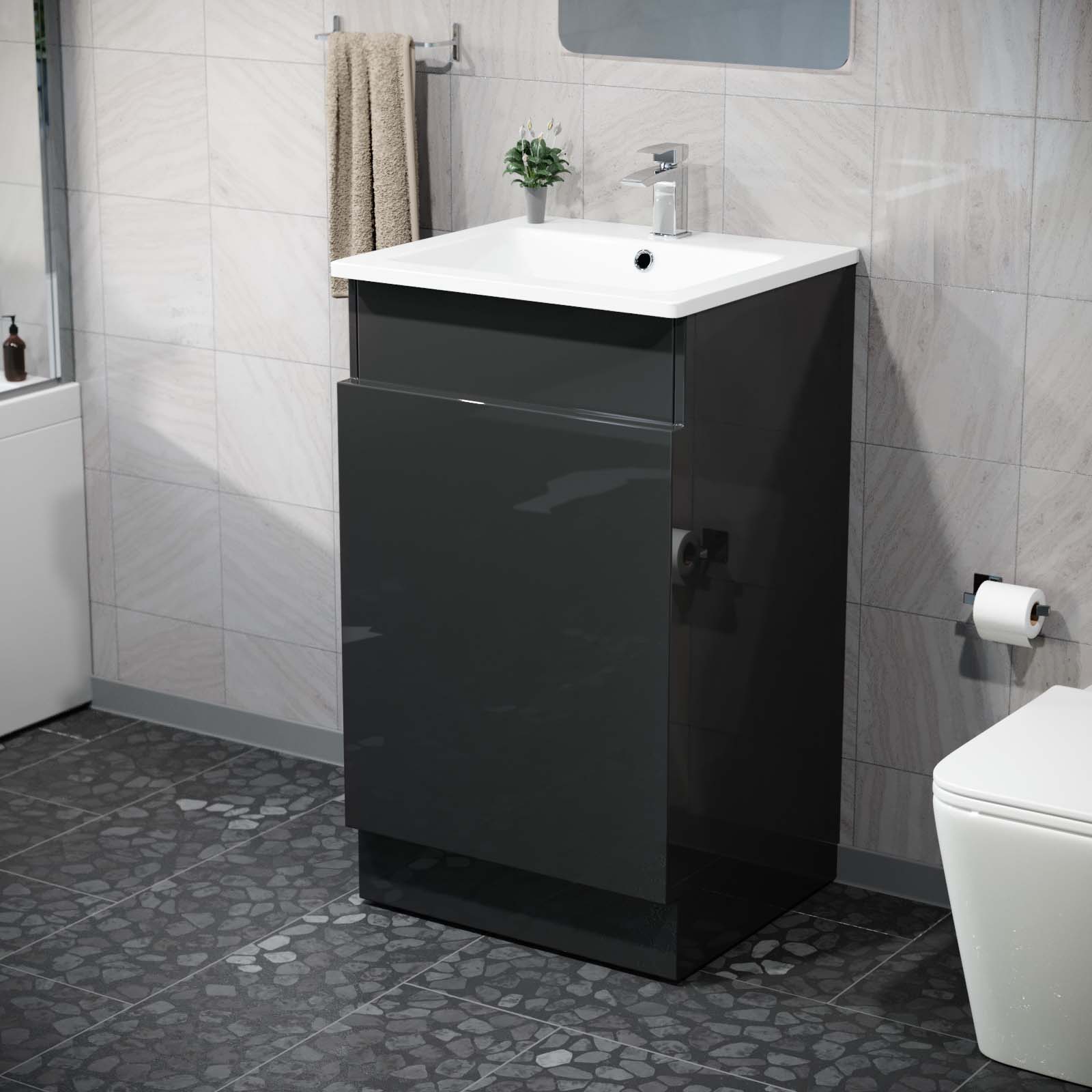 Aston 485mm Left Hand Black Vanity Unit with White Resin Basin