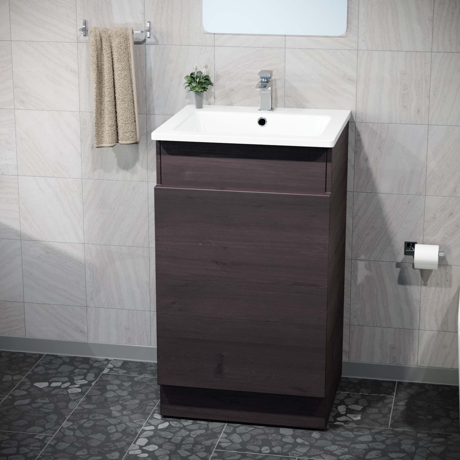 Aston 485mm Left Hand Dark Oak Vanity Unit with White Resin Basin
