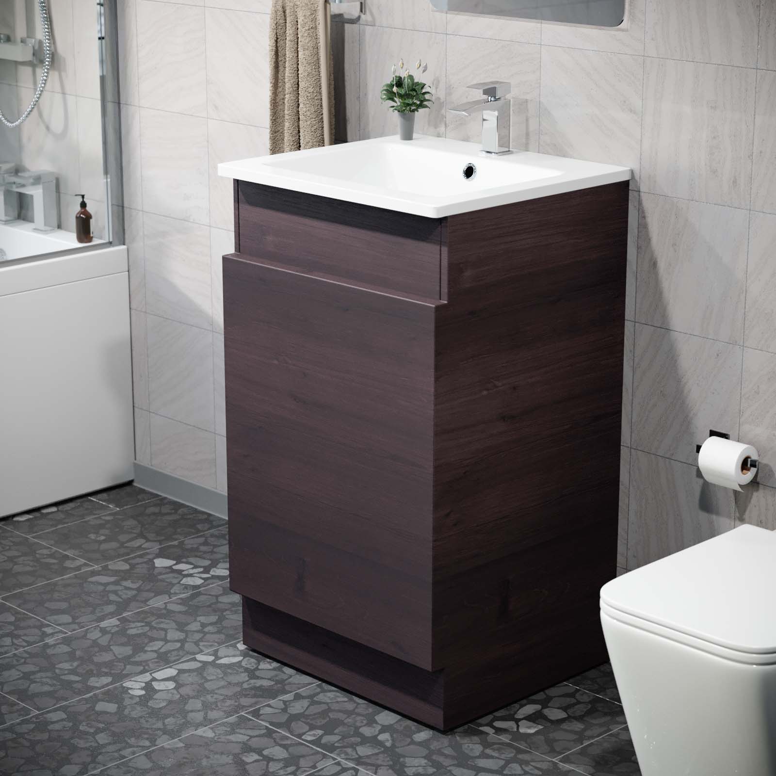 Aston 485mm Left Hand Dark Oak Vanity Unit with White Resin Basin