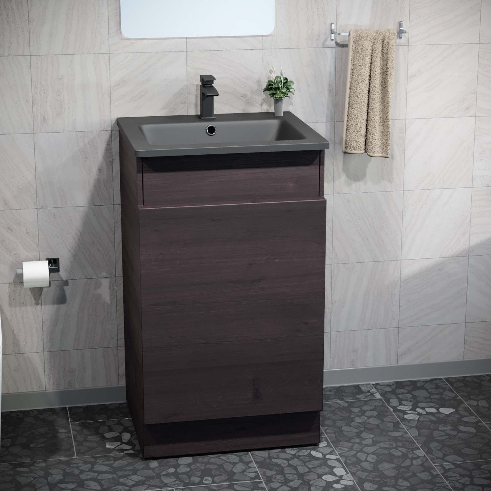 Aston 485mm Right Hand Dark Oak Vanity Unit with Black Resin Basin