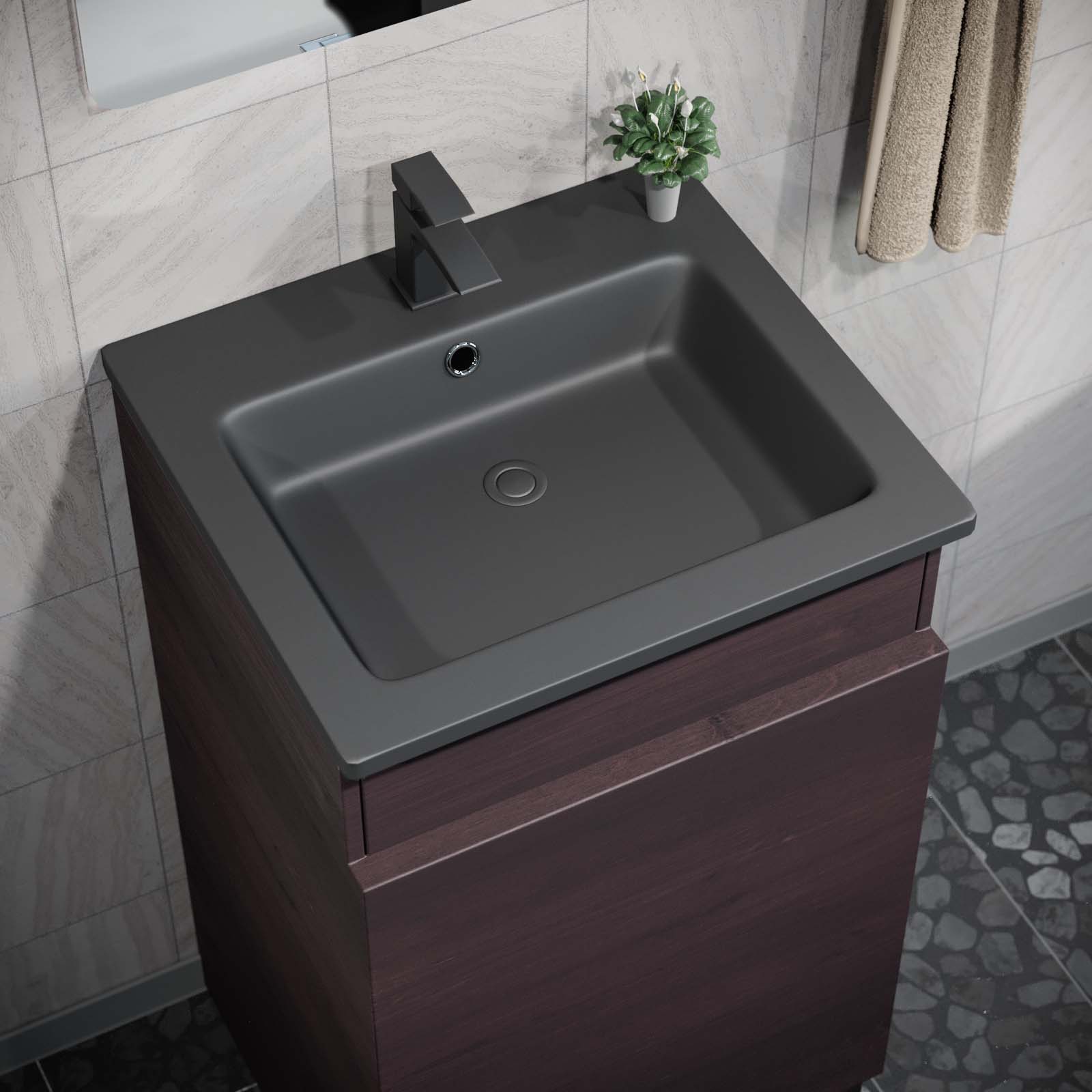 Aston 485mm Right Hand Dark Oak Vanity Unit with Black Resin Basin