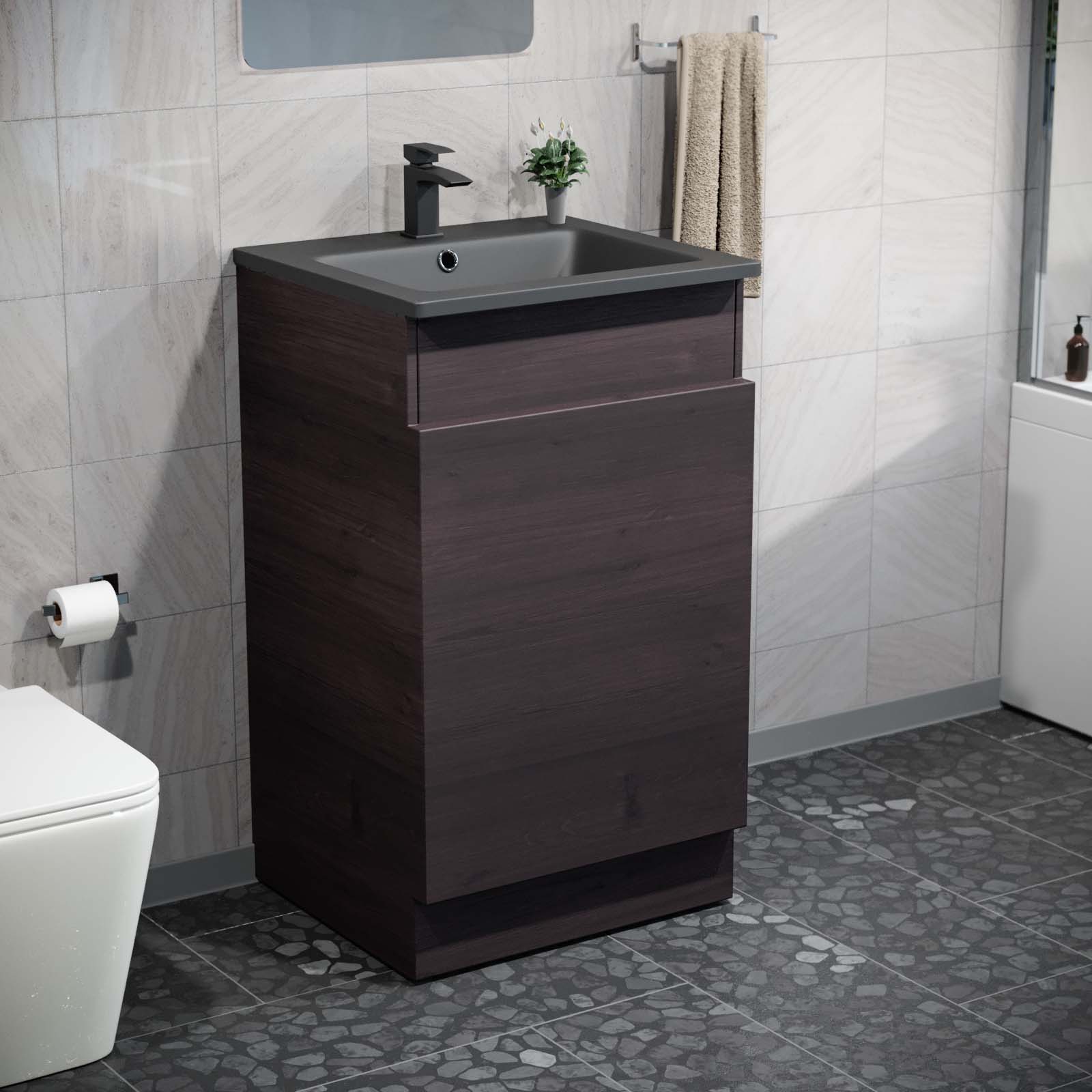 Aston 485mm Right Hand Dark Oak Vanity Unit with Black Resin Basin