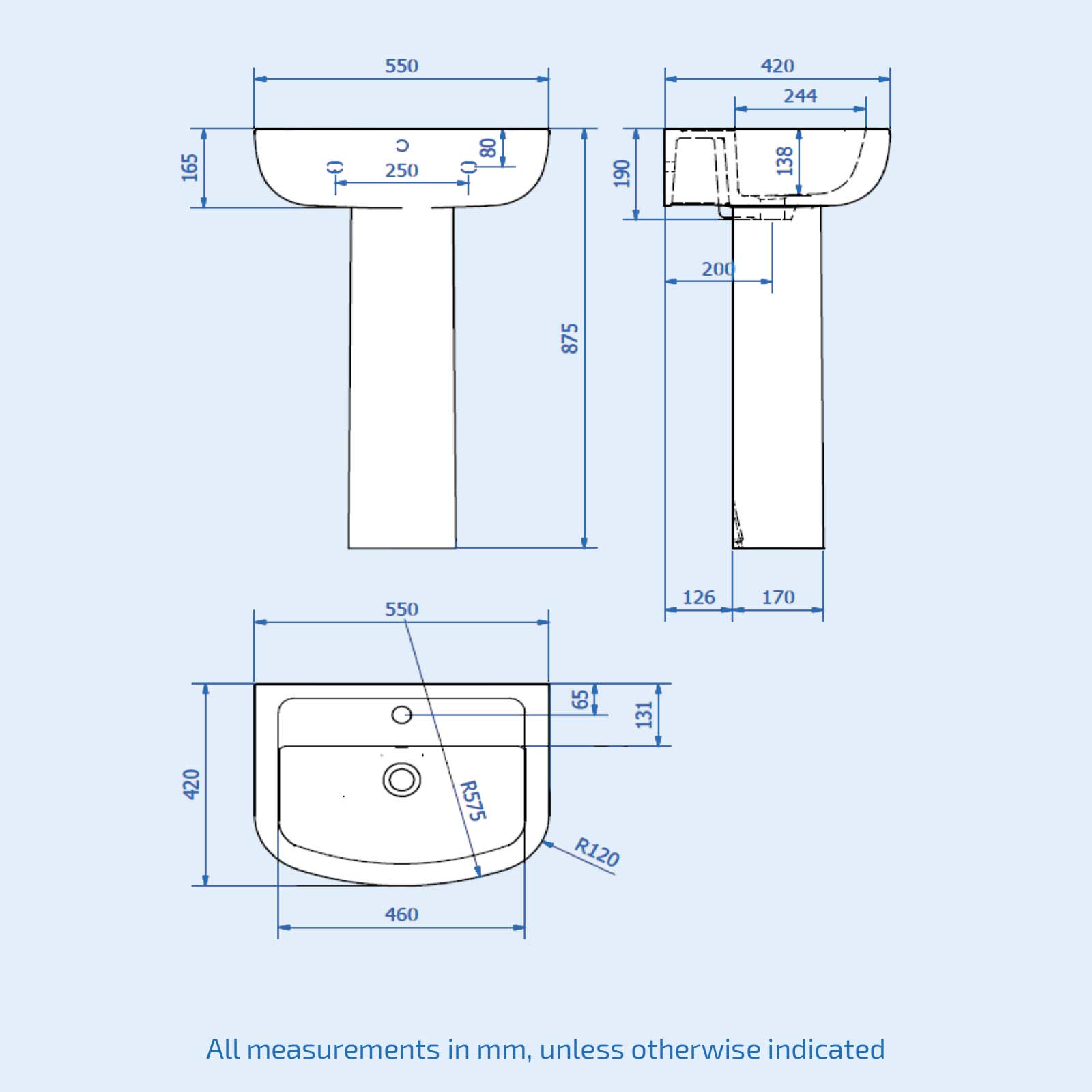 Langley 550mm Full Pedestal Basin Sink White