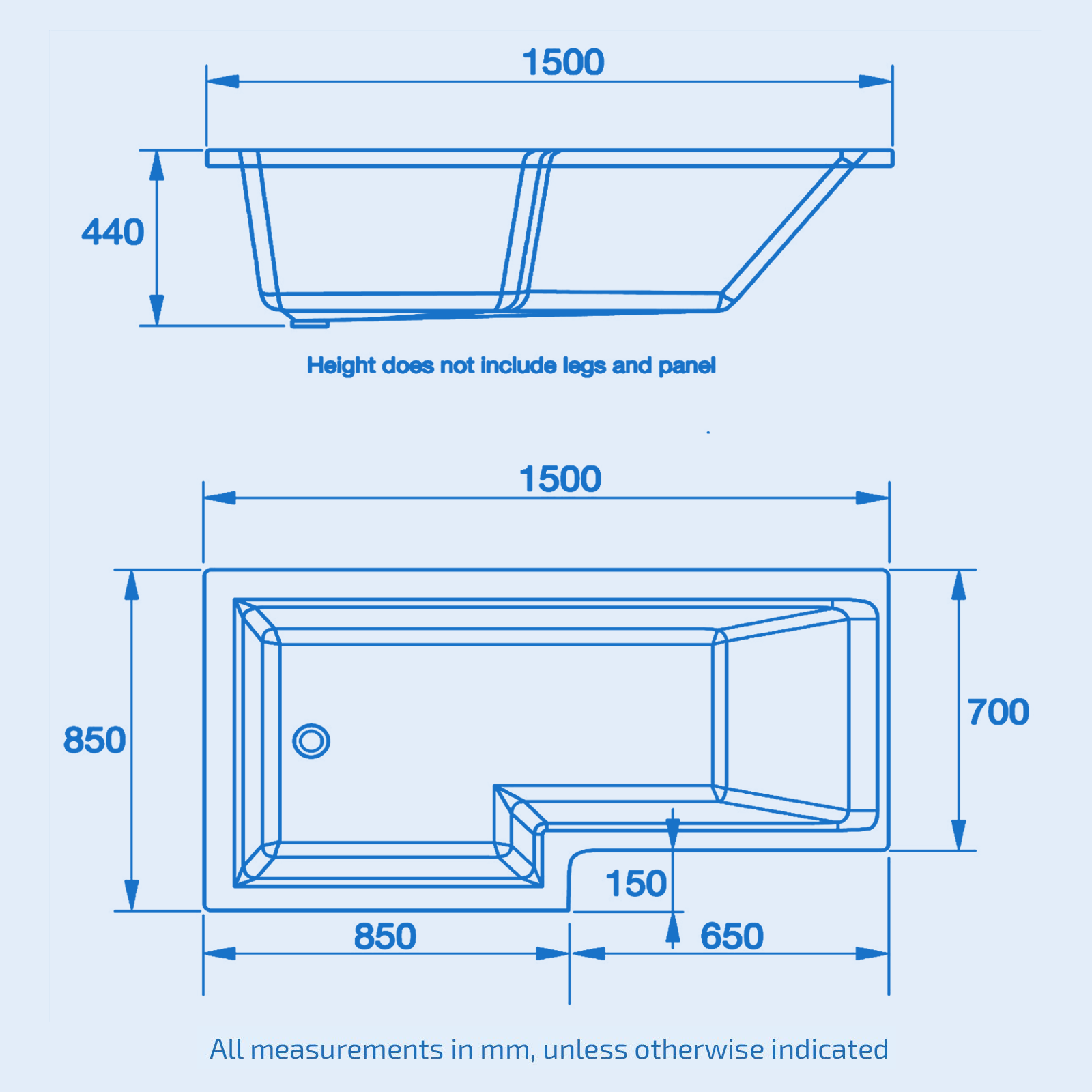 Kartell Elite Single Ended L-Shaped Shower Bath with Legs 1500mm x 850mm - Left Handed