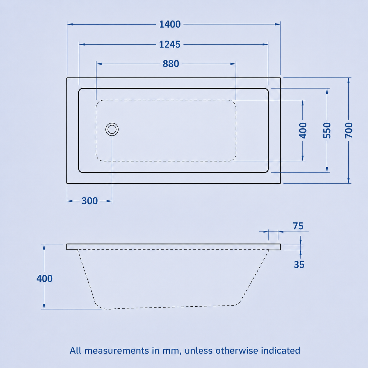 1400mm x 700mm Square Style Single End Straight Bath with Legs