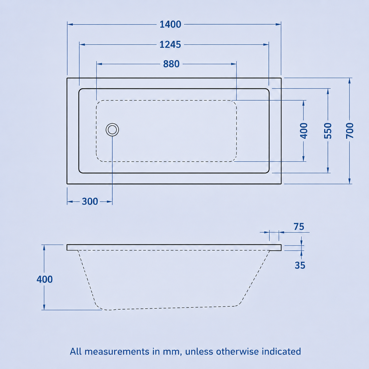 1400mm x 700mm Square Style Single End Straight Bath with Legs