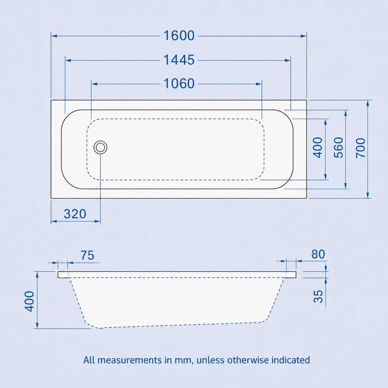 Kaif 1600 x 700mm Standard Round Single Ended Bath & Leg Set White