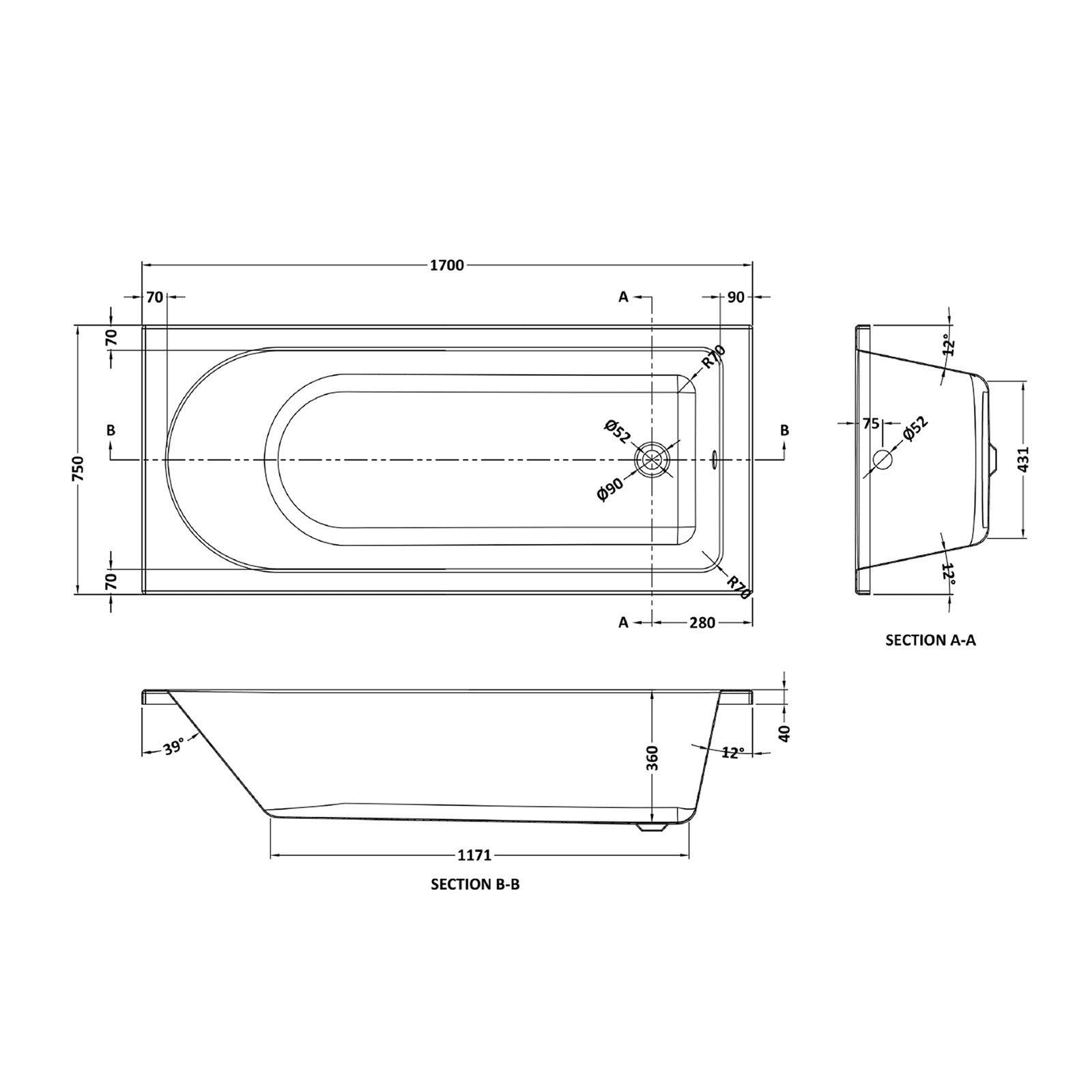 Barnby 1700 x 750mm Round Single Ended Bath & Leg Set with Front Panel White