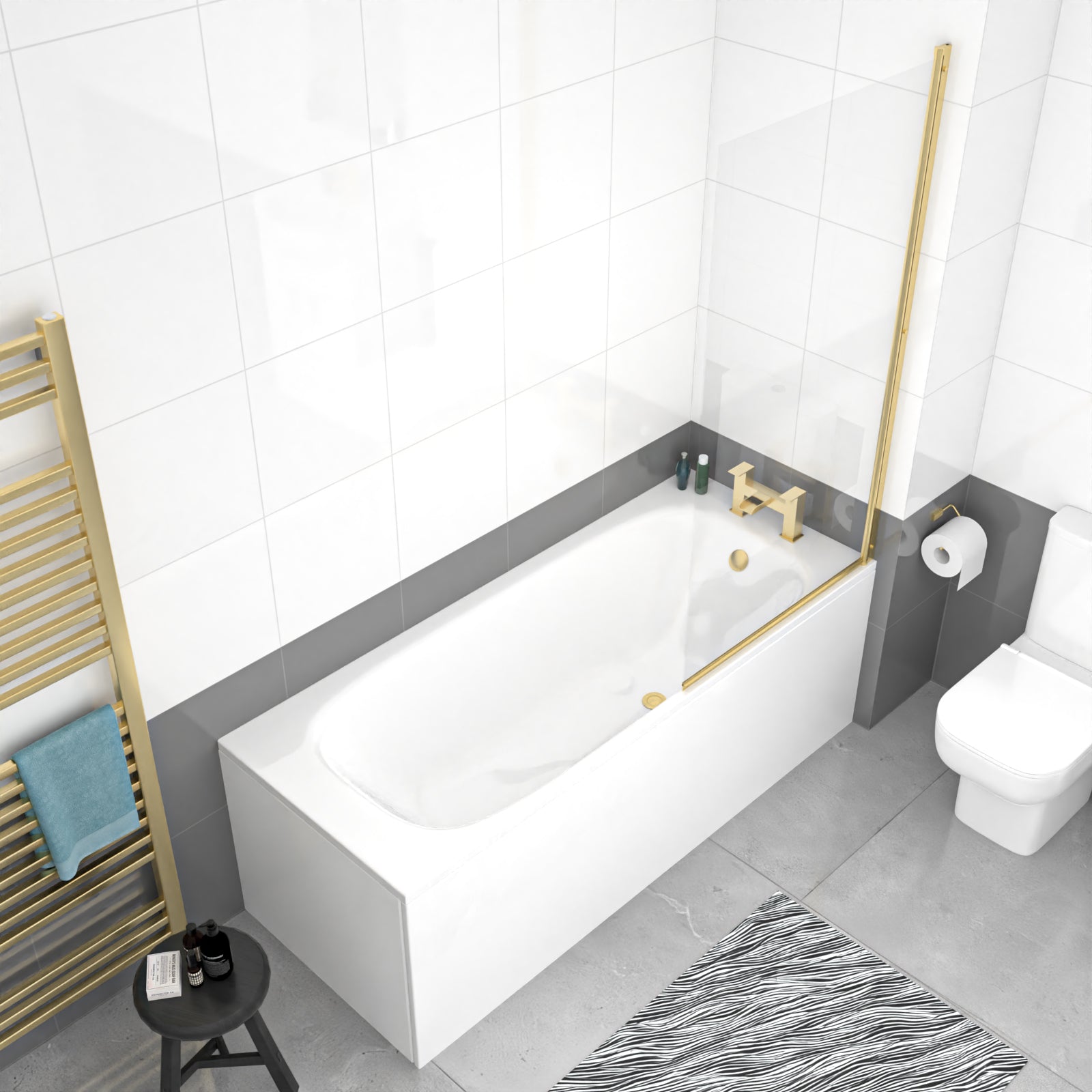 1700 x 700mm Round Bath with Legs and Brushed Brass Frame Square Bath Screen