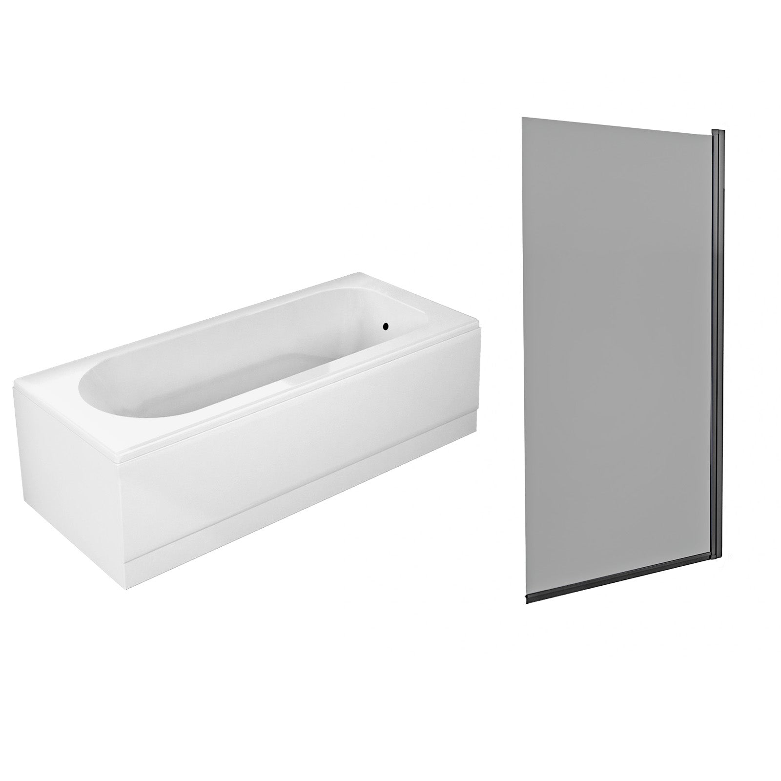 1700mm x 700mm White Round Bath with Square Black Frame Light Grey Bath Screen