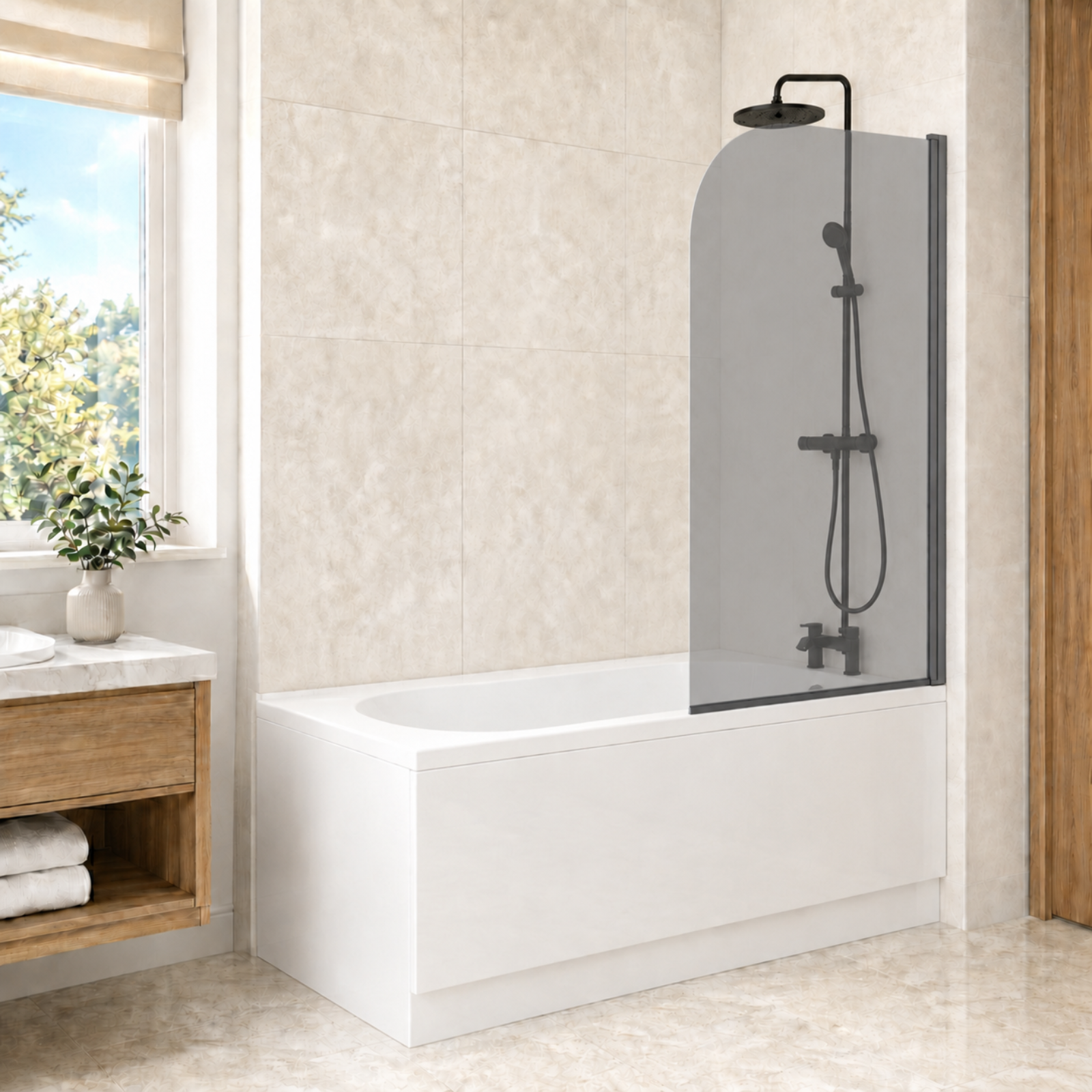 1700mm x 700mm Round Bath & Legs With Curved Black Frame Dark Grey Bath Screen