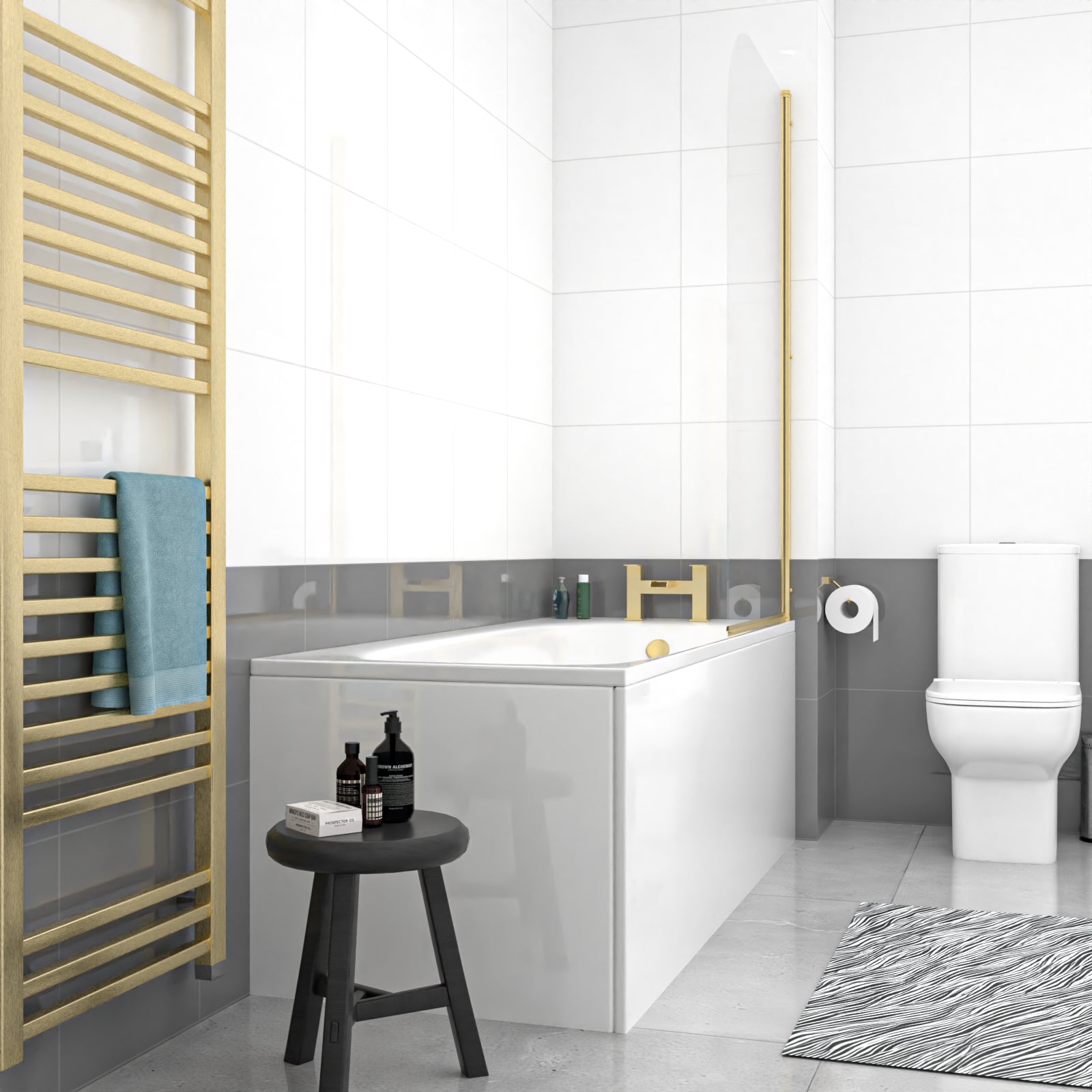 1700 x 700mm Round Bath with Legs and Brushed Brass Frame Curved Bath Screen