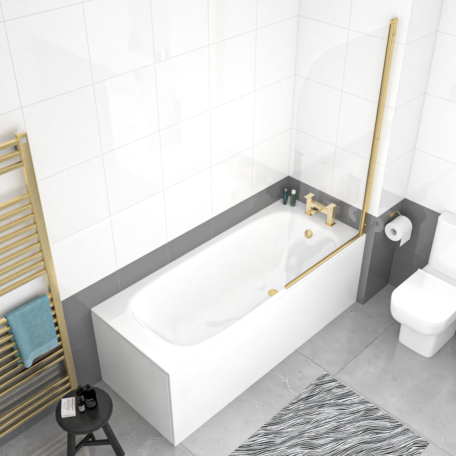 1700 x 700mm Round Bath with Legs and Brushed Brass Frame Curved Bath Screen