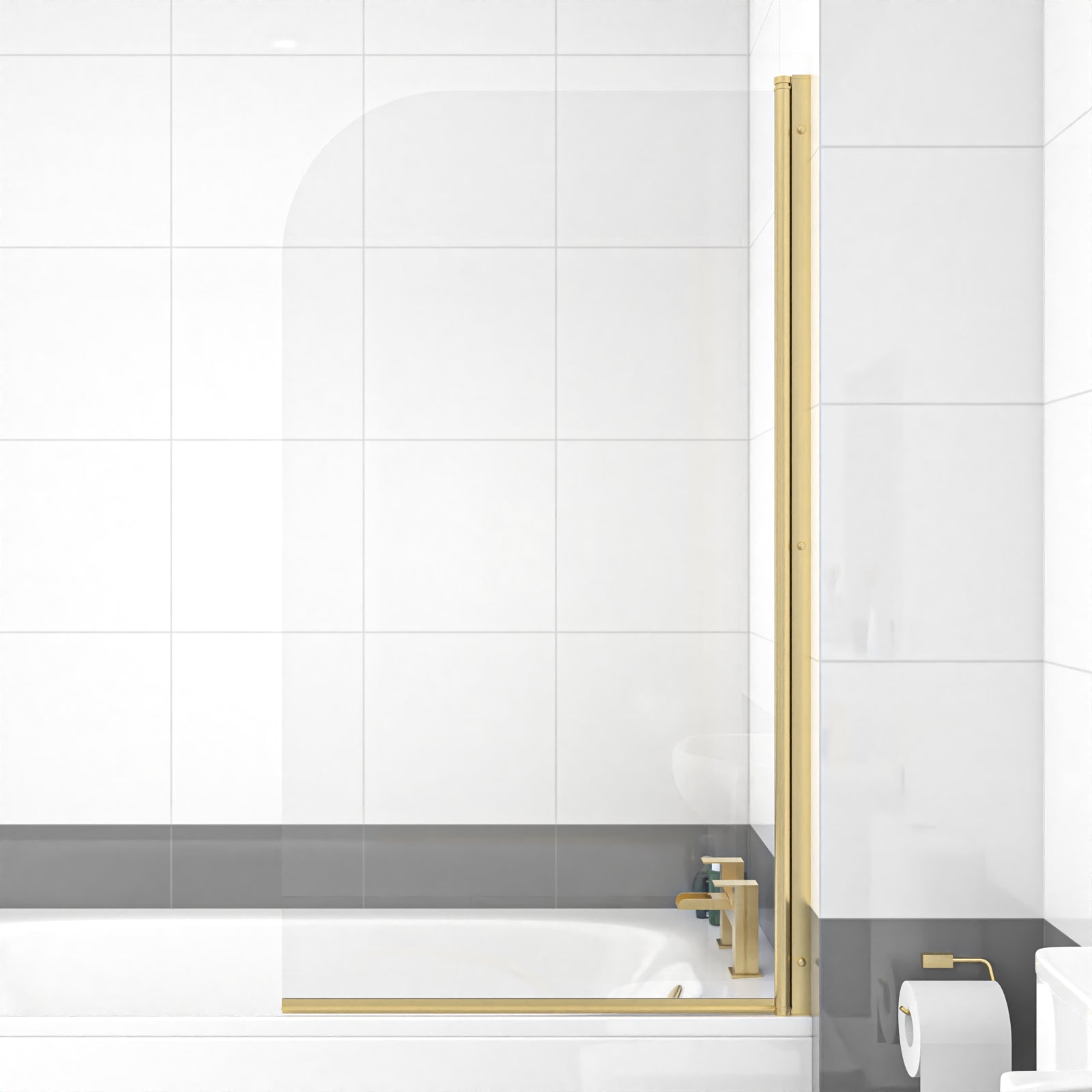 1700 x 700mm Round Bath with Legs and Brushed Brass Frame Curved Bath Screen