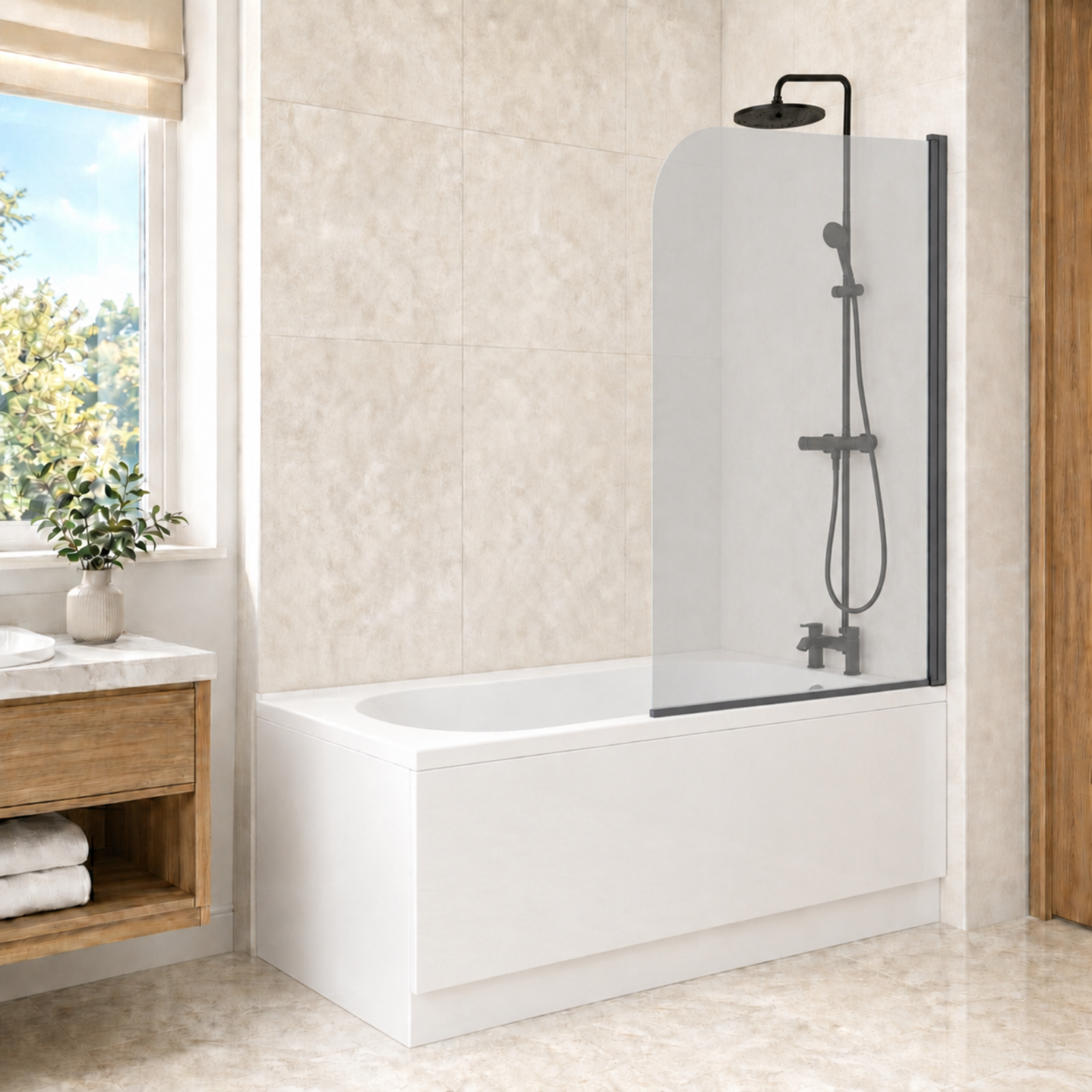 1700mm x 700mm Round Bath & Legs With Curved Black Frame Light Grey Bath Screen