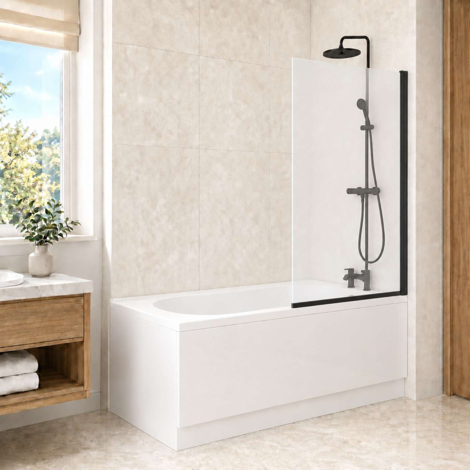 1700mm x 700mm White Round Bath with Square Black Frame Bath Screen