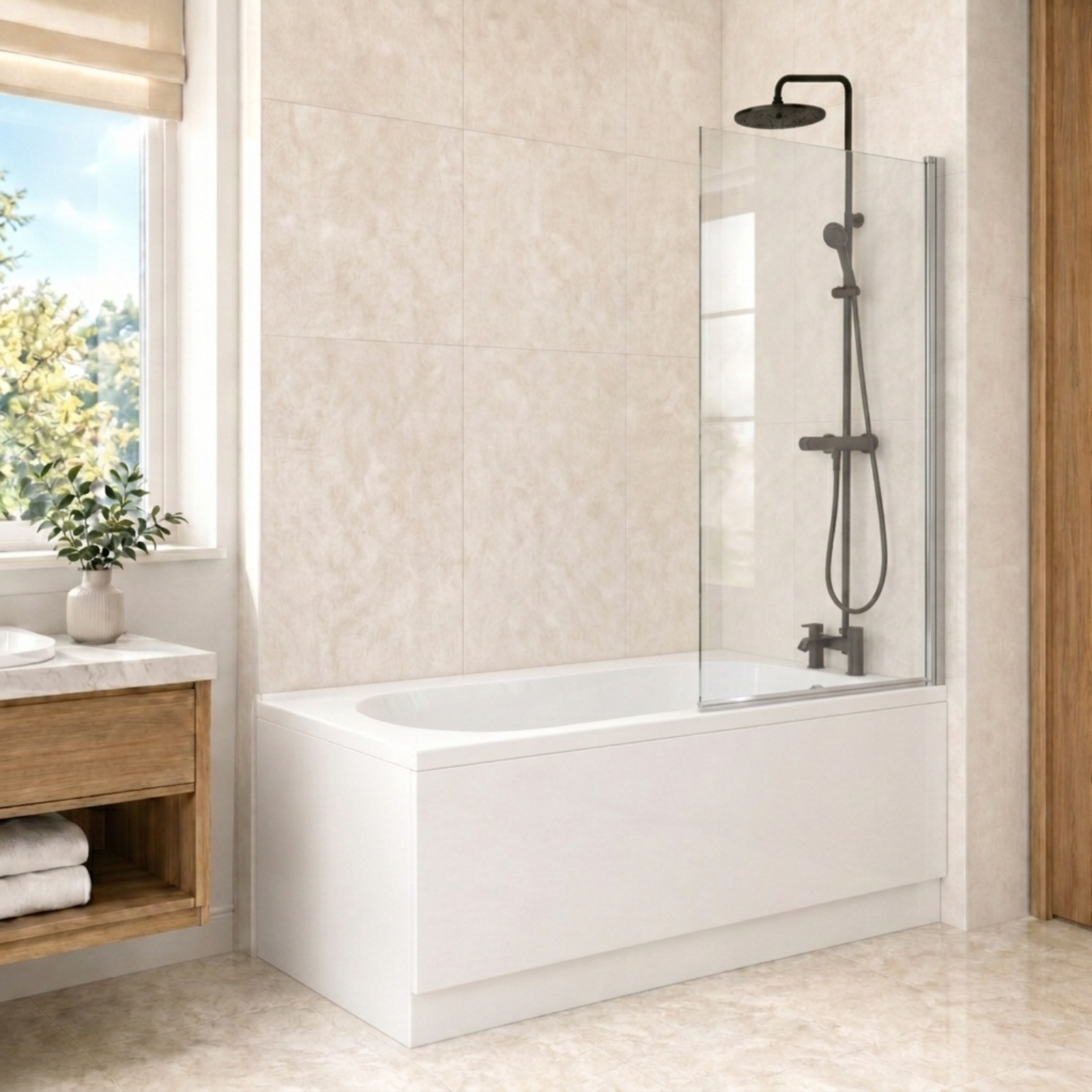 1700mm x 700mm White Round Bath with Legs and Square Bath Screen