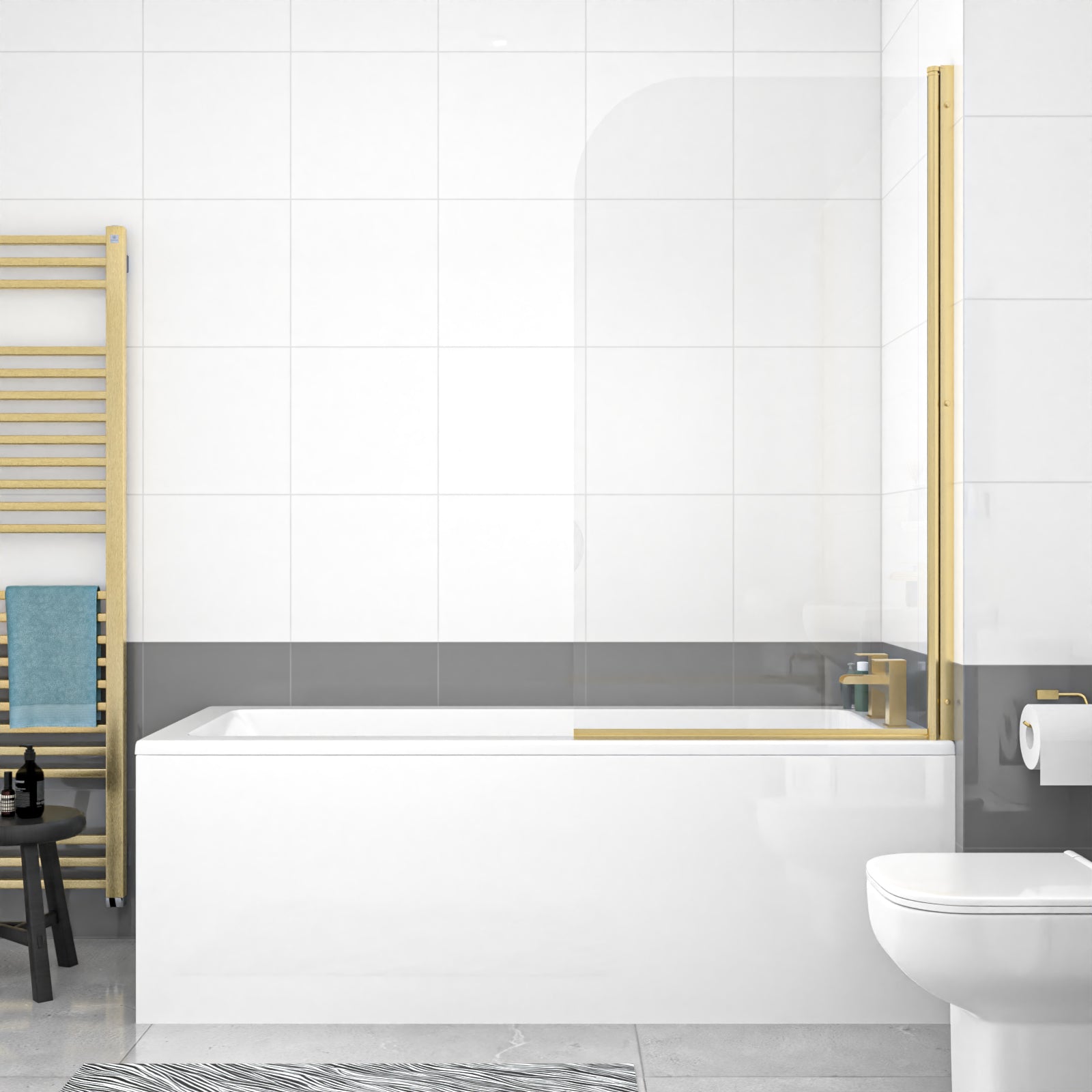1700 x 700mm Square Bath with Legs and Brushed Brass Frame Curved Bath Screen