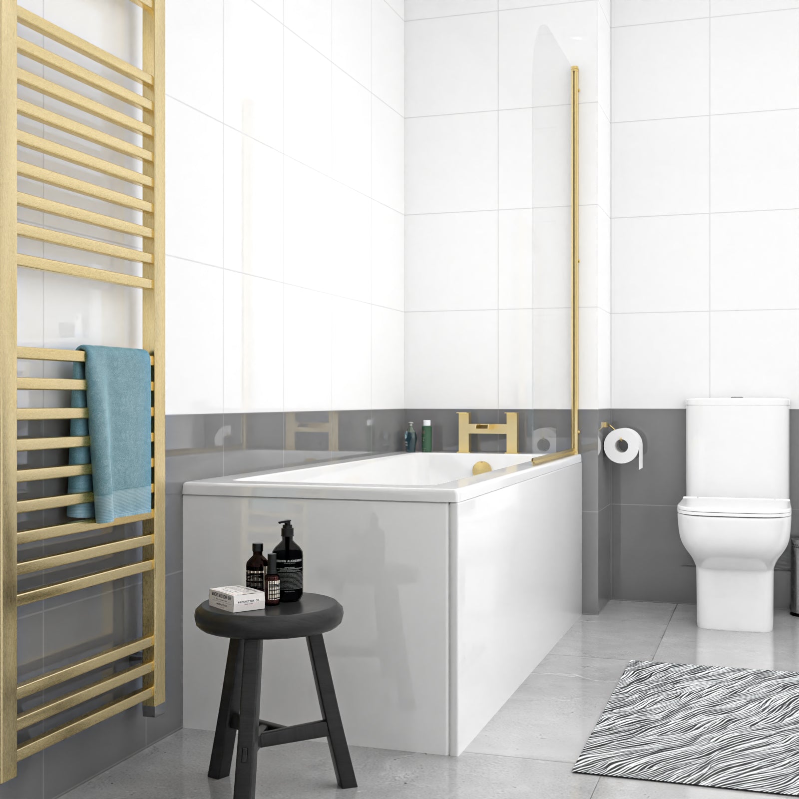 1700 x 700mm Square Bath with Legs and Brushed Brass Frame Curved Bath Screen