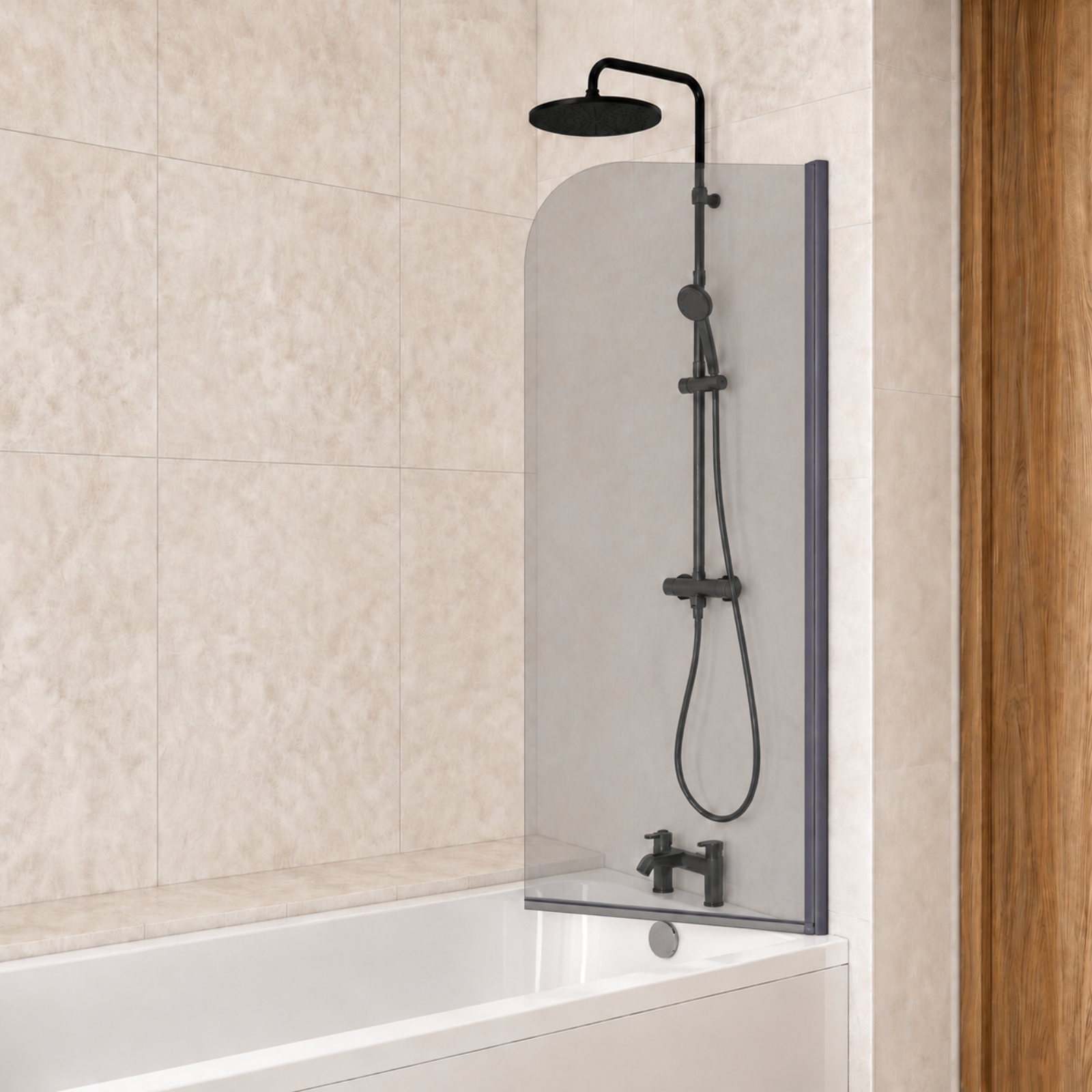 1700mm x 700mm Square Bath with Curved Black Frame Dark Grey Bath Screen