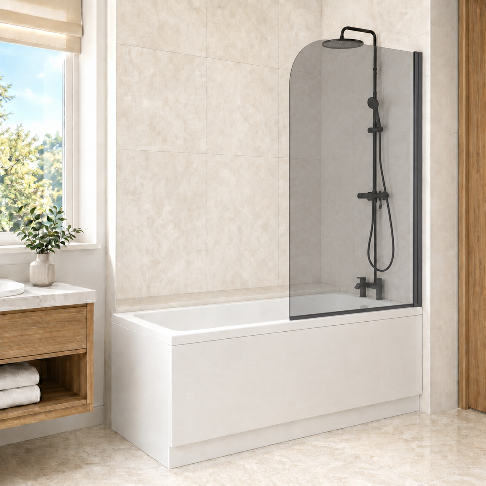 1700 x 700mm Square Bath with Curved Black Frame Dark Grey Bath Screen
