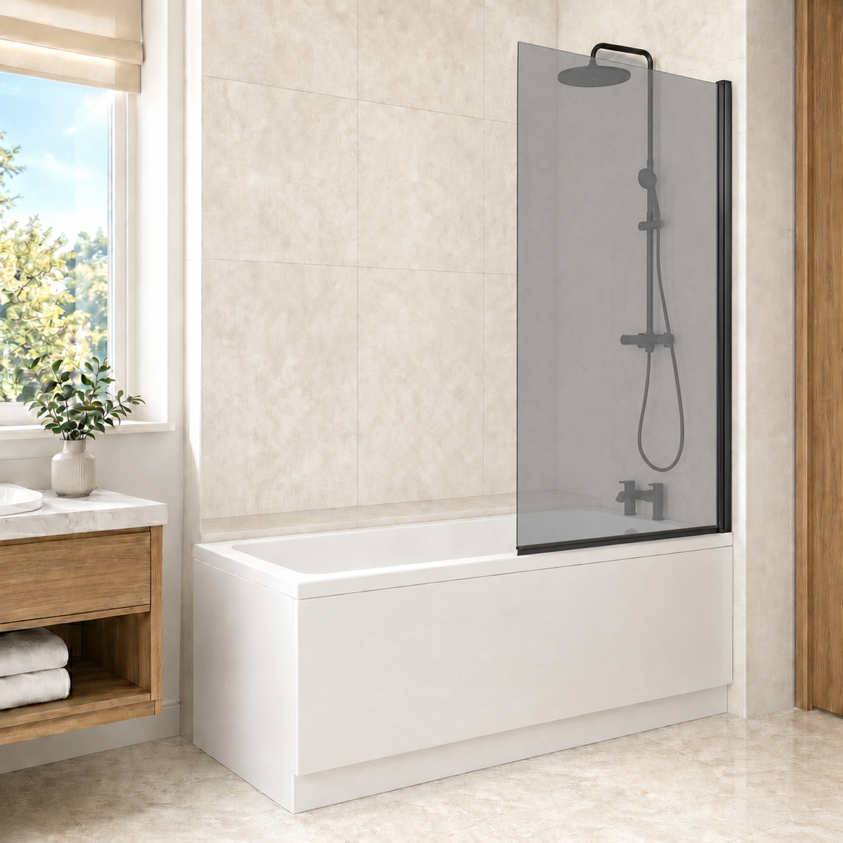 1700mm x 700mm Square Bath with Square Black Frame Dark Grey Bath Screen