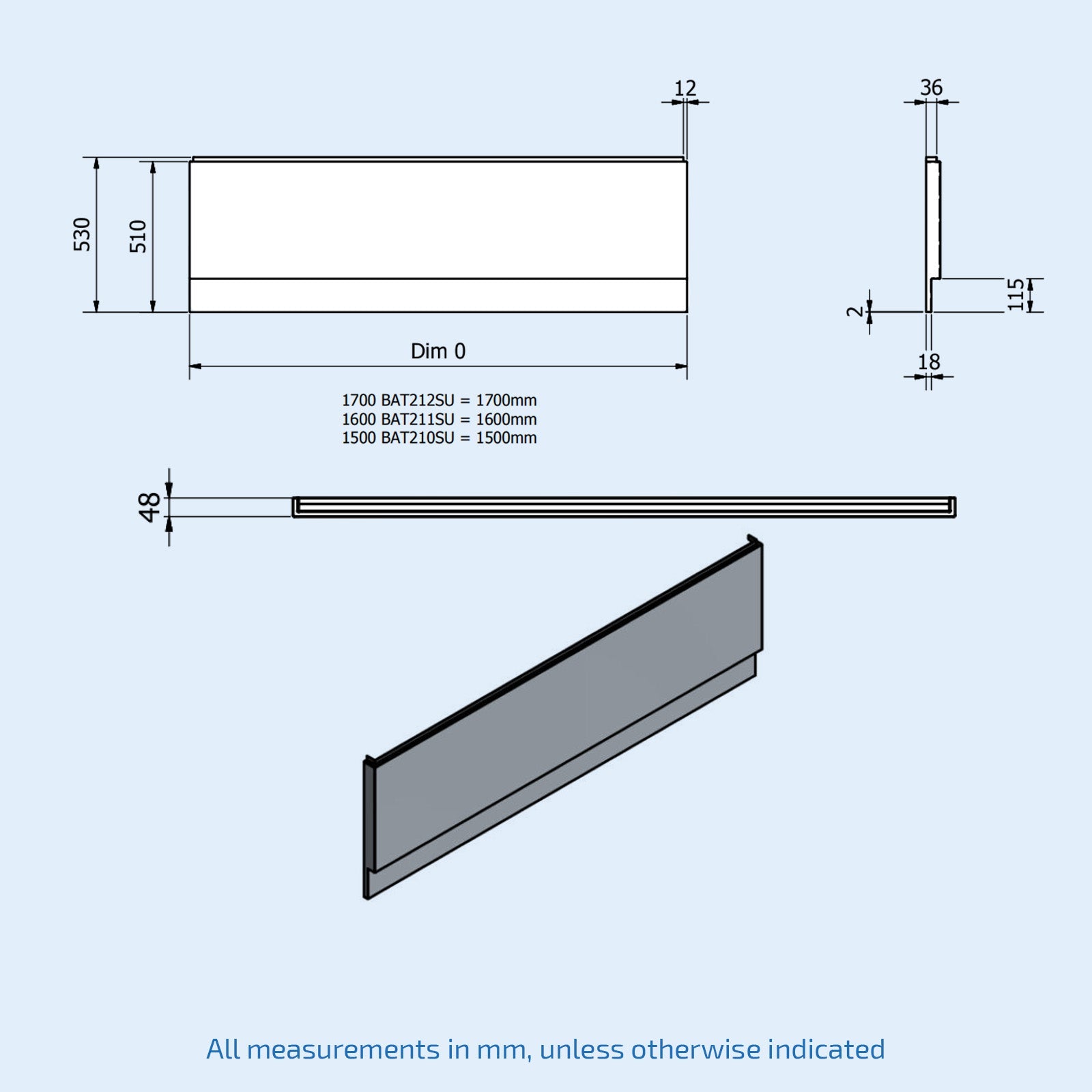 1700mm Modern High Gloss Modern White Front & End Bath Panel Acrylic Bathroom