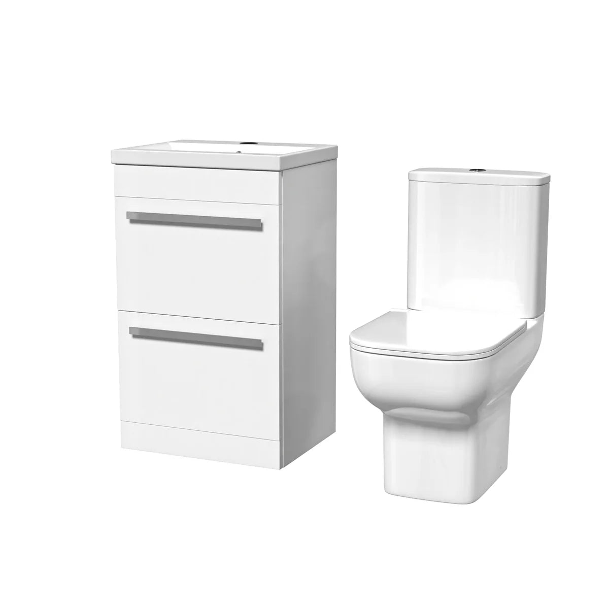 White bathroom vanity unit with two drawers and a toilet on a white background