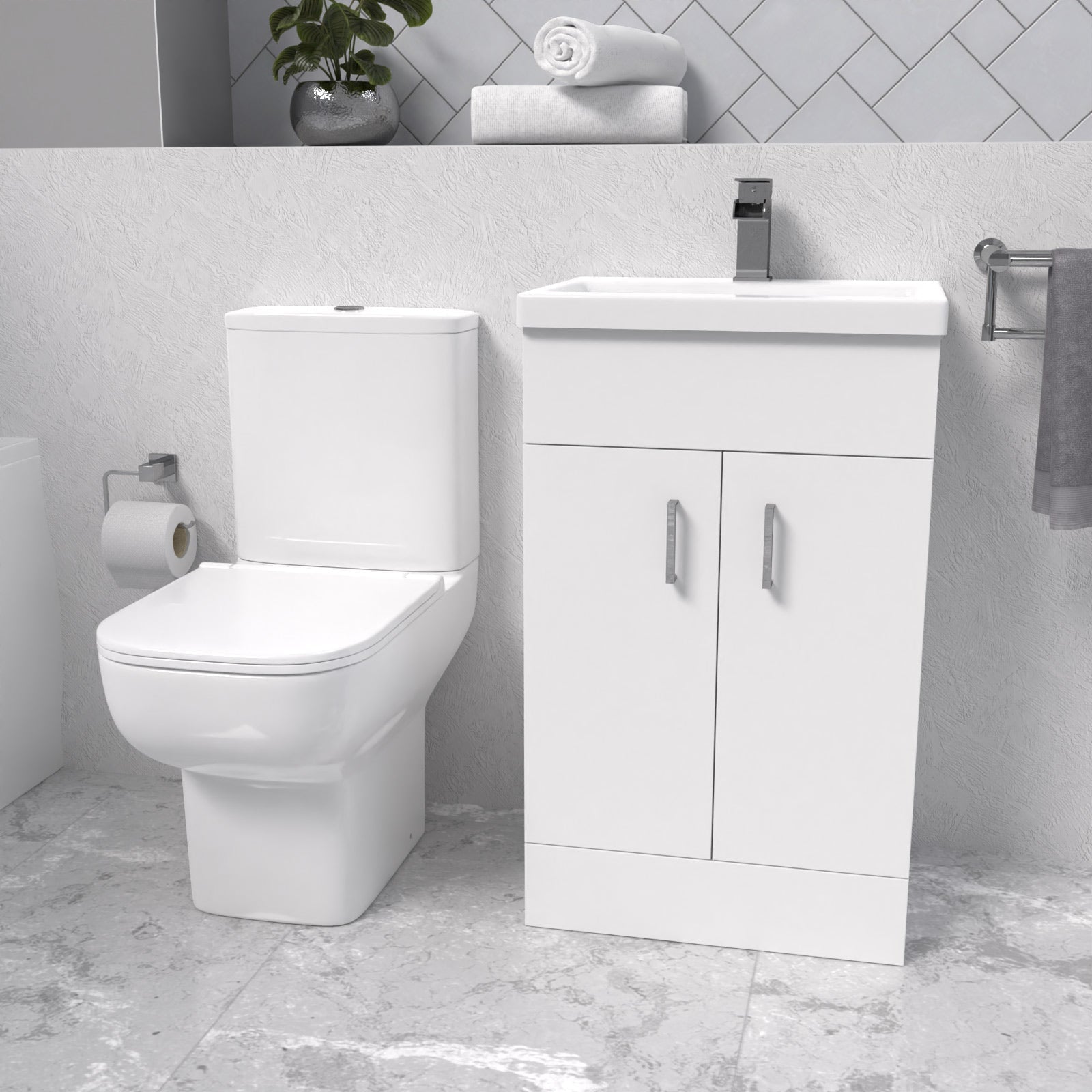Nanuya White 500mm Cloakroom Suite with Basin Vanity and Close Coupled Toilet