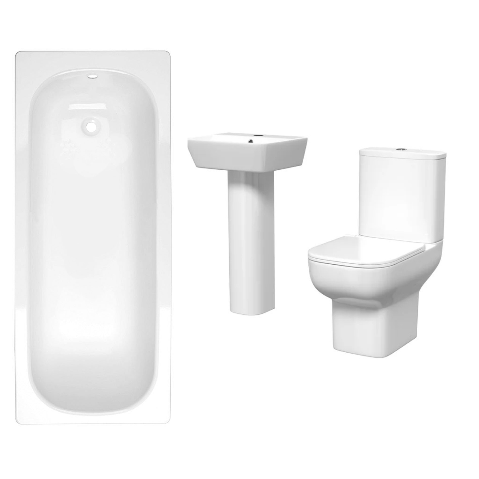 Louie Modern Square Close Coupled Toilet, 450mm Pedestal Basin & Bath Tub Suite – Modern Bathroom Set