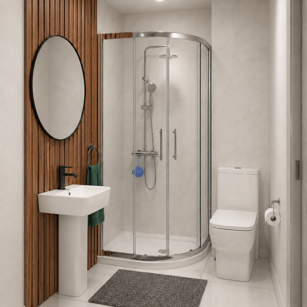 Louie Modern Square Close Coupled Toilet, 450mm Pedestal Basin & Shower Suite (900mm Shower Tray Included) – Modern Bathroom Set