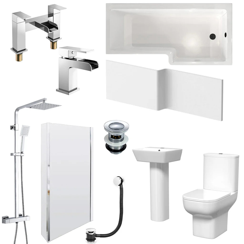 Louie Full Bathroom Suite - 1700mm L-shape Bath, Close Coupled Toilet, 450mm Pedestal Basin, & Chrome Fittings Set